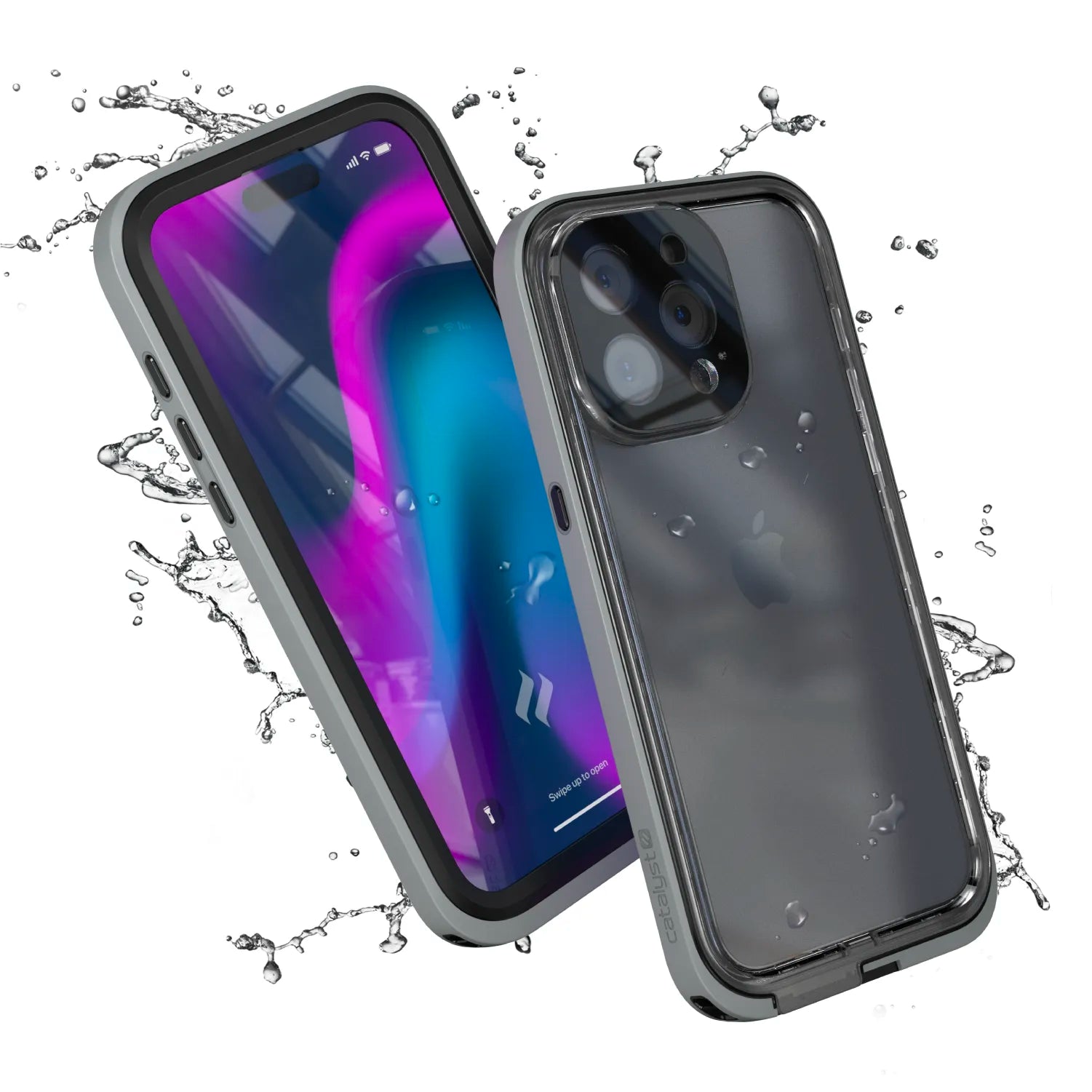 Two iPhone 15 Pro Max phones with Catalyst Case US Titanium Gray waterproof cases are shown—one displays a vibrant screen, the other the back with water droplets—both surrounded by splashing water, highlighting total drop proof protection and full functionality.