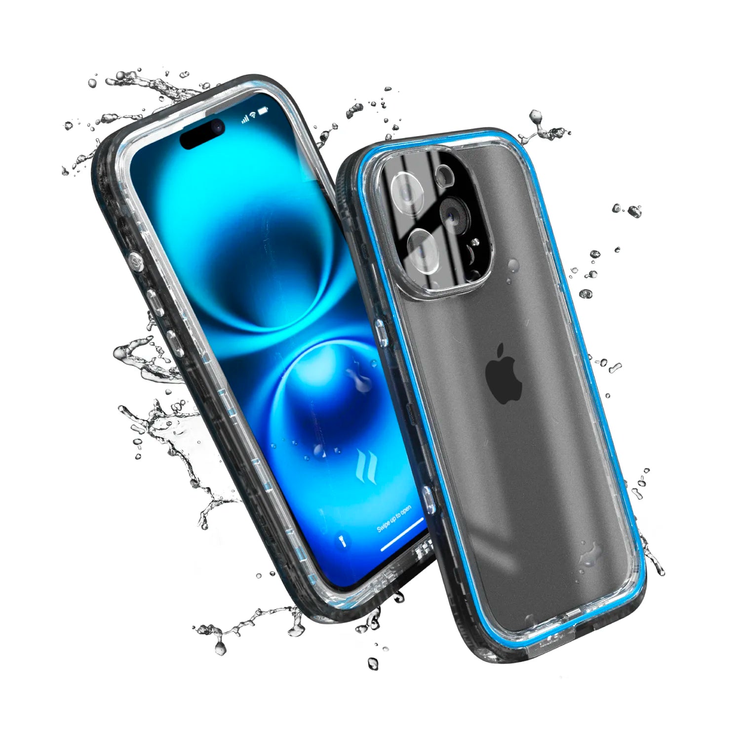 Two modern smartphones in Catalyst Case US Total Protection Cases (black), one showing a blue screen, the other its Apple logo and cameras. Dramatic water splashes highlight the cases' superior waterproof protection.