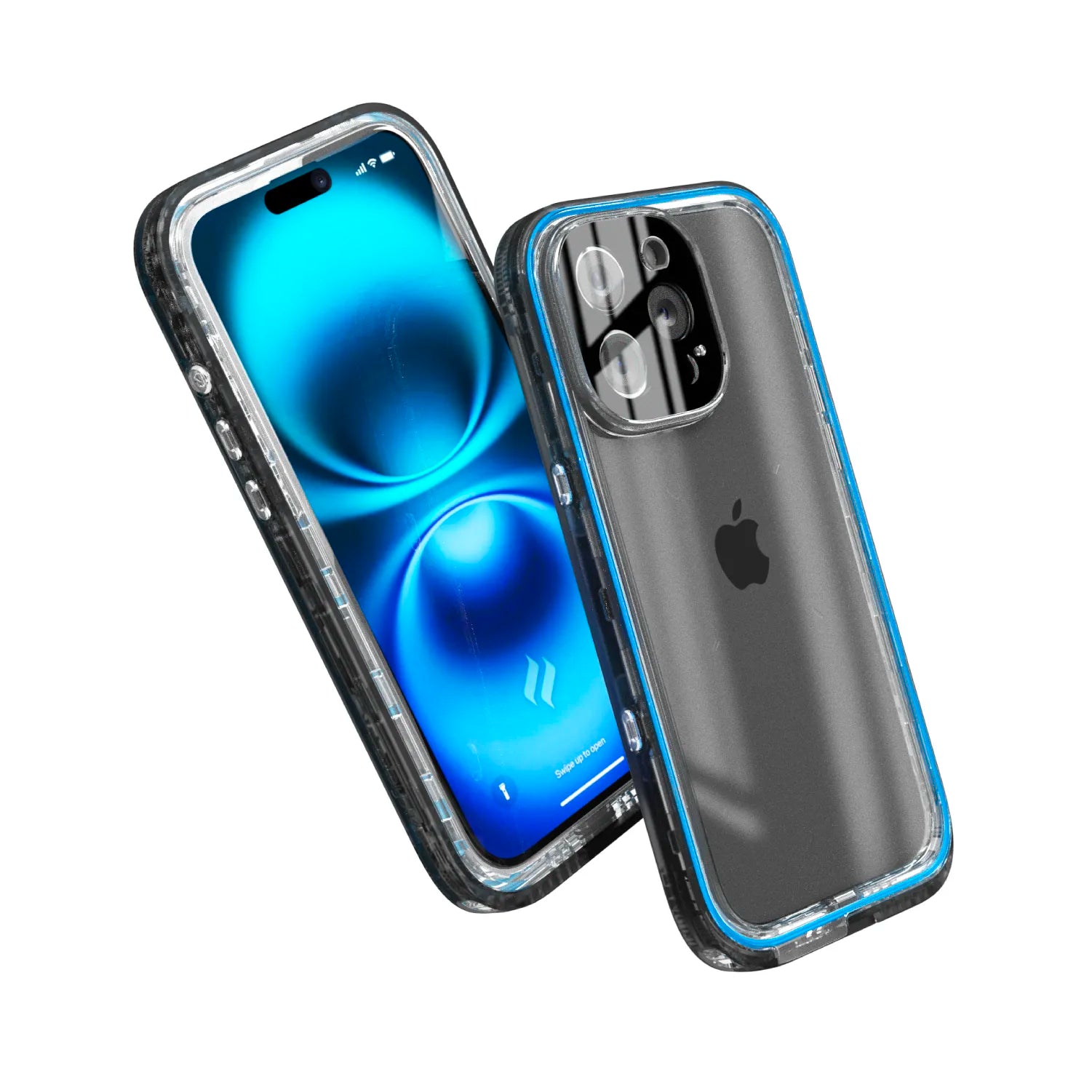 Two iPhone 16 Pro Max devices in black Catalyst Case US Waterproof Total Protection cases are shown—one displaying the blue-lit screen, the other showing the Apple logo and cameras through the clear, rugged case.