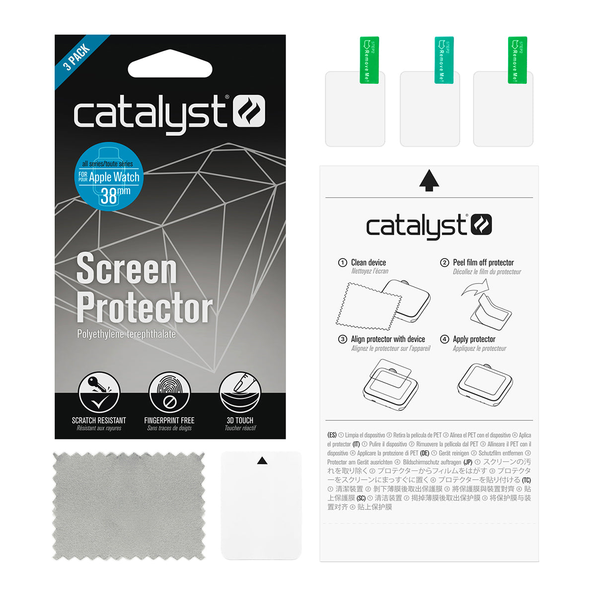 The Catalyst Case US 38mm - 100M Waterproof Case + Band for Apple Watch Series 3/2 includes three screen protectors with pull tabs, packaging, a gray cleaning cloth, and instructions. Packaging notes scratch resistance and compatibility.