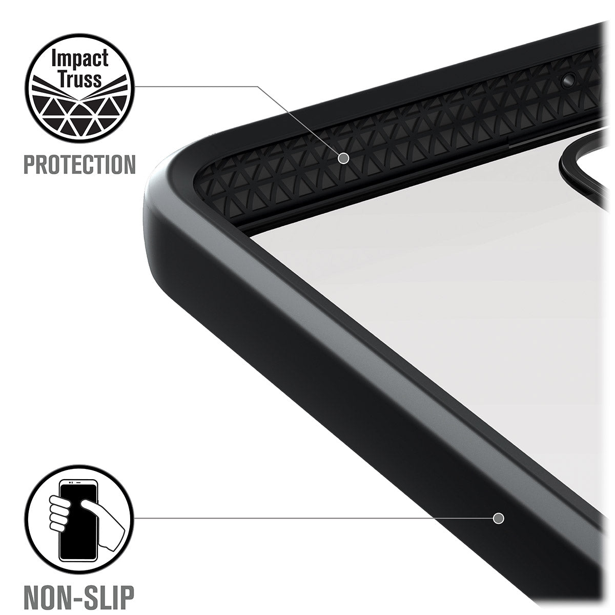 Close-up of Catalyst Case US Google Pixel 4 XL - Impact Protection Case shows a textured interior. Text highlights “Impact Truss Protection” and “Non-Slip” with an icon, emphasizing superior protection and grip.