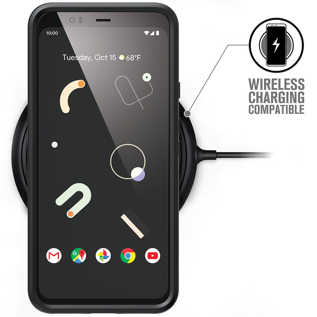 A Google Pixel 4 XL with a geometric wallpaper rests on a wireless charging pad, fitted with a Catalyst Case US Impact Protection Case. A diagram indicates the phone is “WIRELESS CHARGING COMPATIBLE.” The screen shows date, time, weather, Gmail, and YouTube.