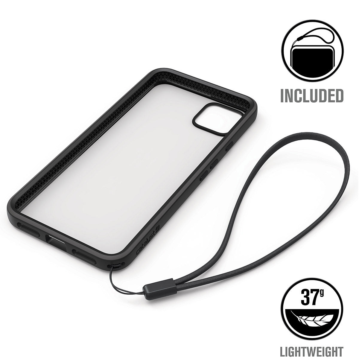 The Catalyst Case US Impact Protection Case for Google Pixel 4 XL is shown in black with a matte, semi-transparent back and detachable wrist strap. It weighs just 37g and features visible camera and port cutouts for easy access.