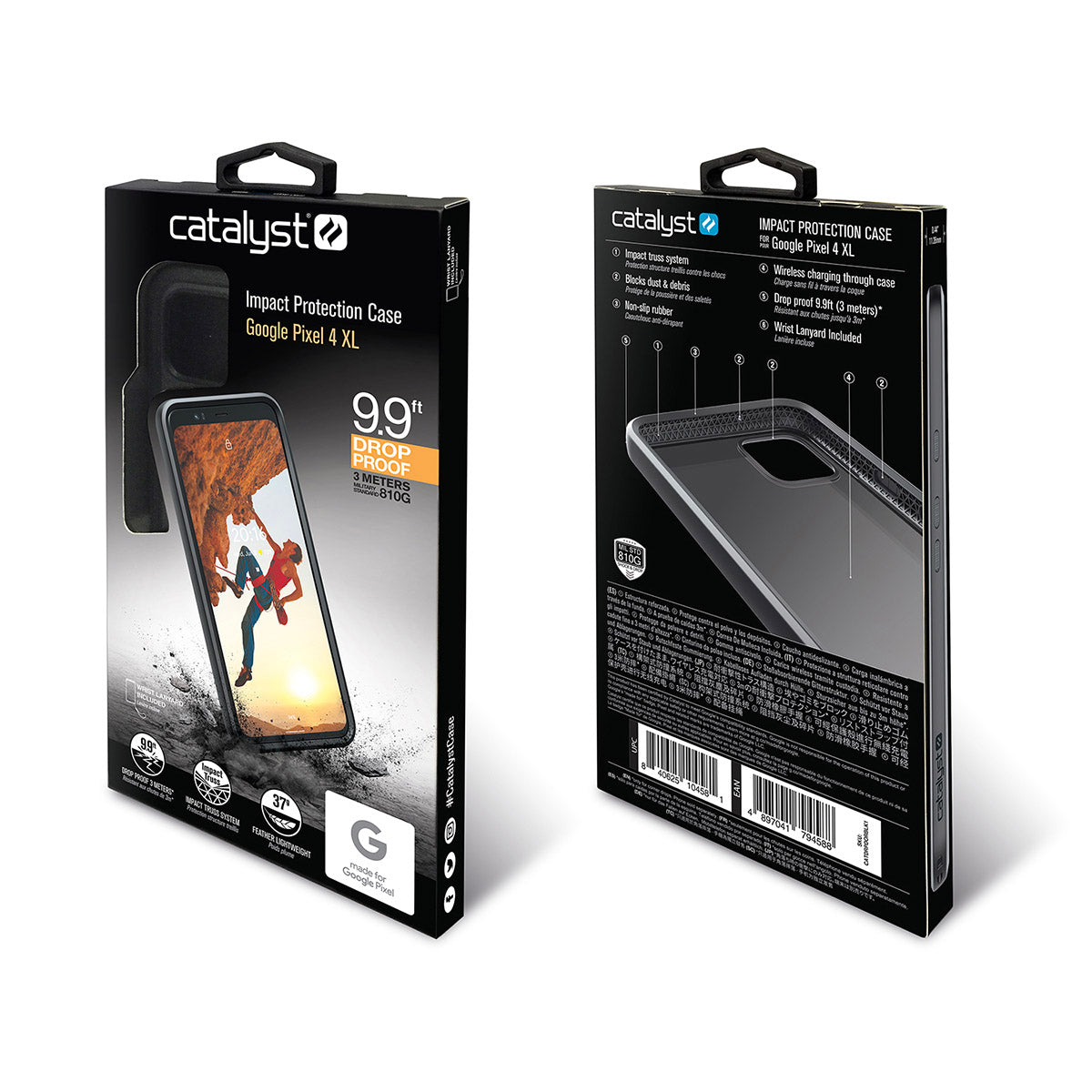 Two Catalyst Case US boxes for a Google Pixel 4 XL - Impact Protection Case are shown. The front shows the case on a phone with a climber, “9.9ft drop proof” highlighted; the back details features and displays the clear case design.