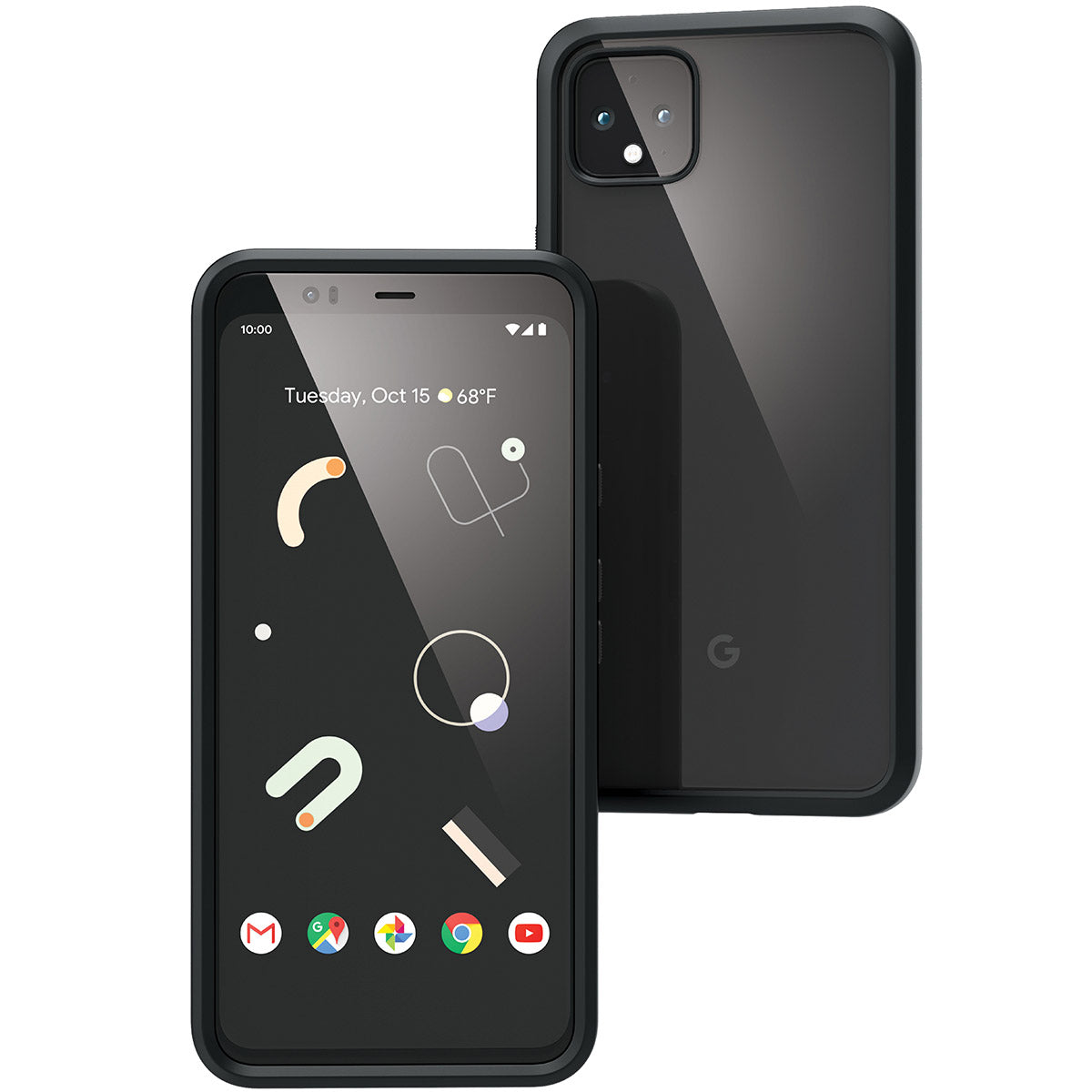 Two Google Pixel 4 XL phones in Catalyst Case US Impact Protection Cases, Stealth Black: one displays the home screen with app icons and abstract wallpaper, the other shows the glossy back with camera, flash, and "G" logo.