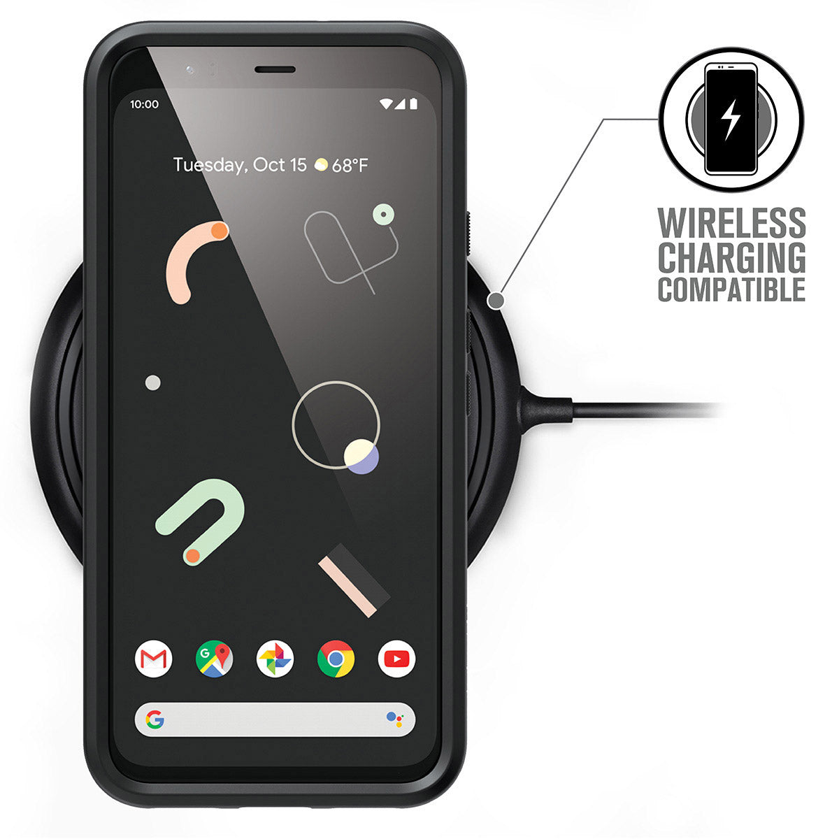 A Google Pixel 4 in a black Catalyst Case US Impact Protection Case rests on a wireless charging pad. The screen shows colorful app icons, with a “WIRELESS CHARGING COMPATIBLE” label and phone plus lightning bolt icon beside it.