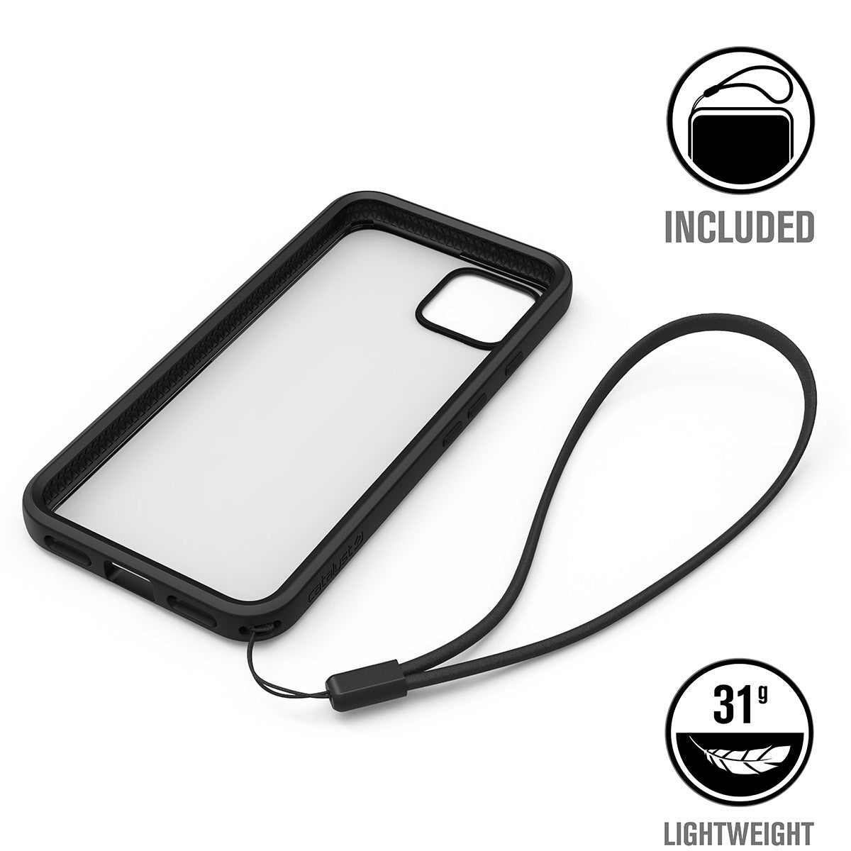 The Catalyst Case US Google Pixel 4 Impact Protection Case is a transparent case with black edges and an attached black wrist strap (included), weighs 31g, fits a rear camera cutout, and is displayed on a white background.