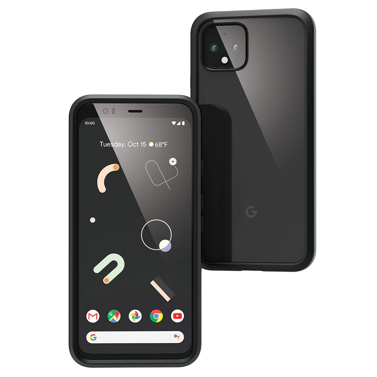 Two Google Pixel 4 phones, each in a Catalyst Case US Impact Protection Case (Stealth Black), are shown: one displays the home screen with colorful apps; the other shows the glossy back with a square camera and Google logo.