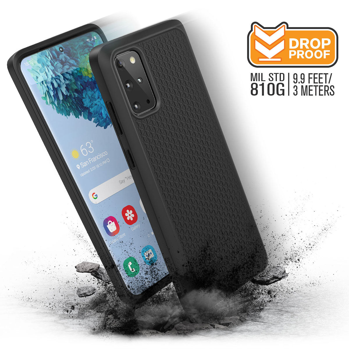 Two black Catalyst Case US Samsung Galaxy S20 Plus Impact Protection Cases are shown, one with a phone displaying a weather app. Text highlights "DROP PROOF," "MIL STD 810G," and "9.9 FEET/3 METERS." Dust emphasizes durable impact protection.