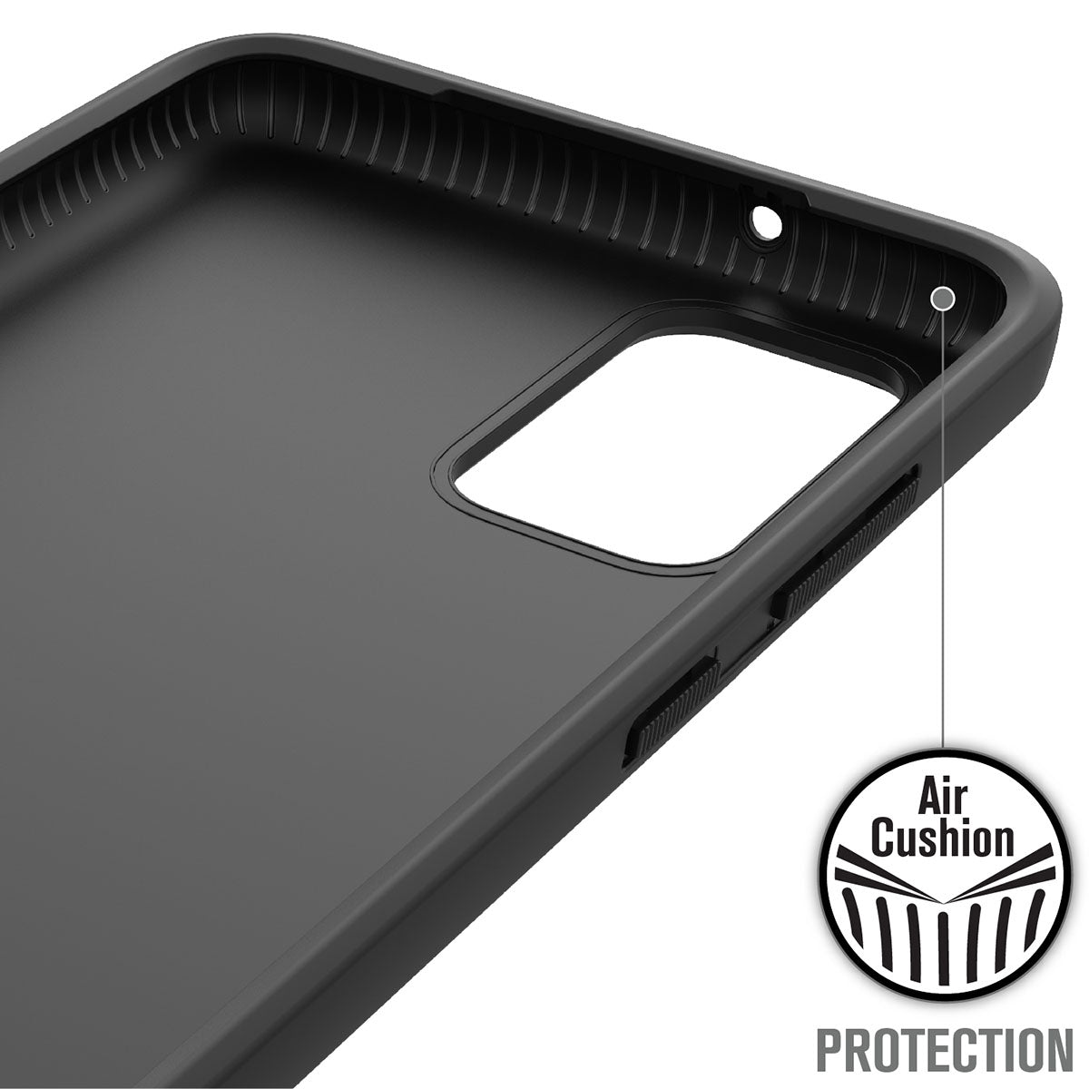 Close-up of Catalyst Case US Samsung Galaxy S20 Plus Impact Protection Case's black corner, showcasing ridged air cushion design. Text and diagram highlight "Air Cushion Protection" for drop defense and Samsung impact protection.
