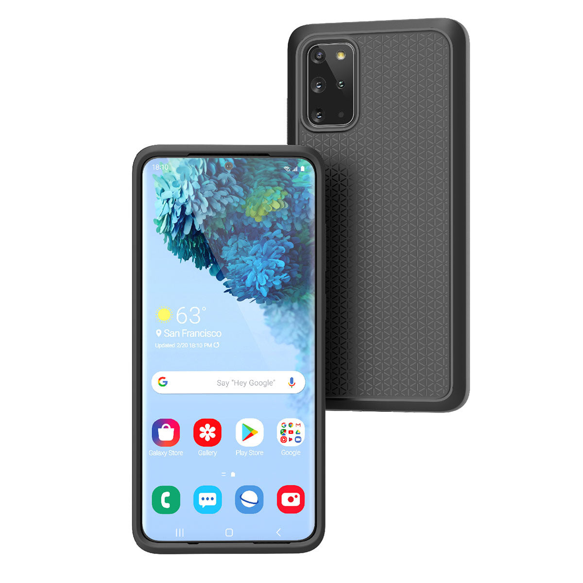 The Samsung Galaxy S20 Plus is shown in a Catalyst Case US Impact Protection Case in Stealth Black, featuring a patterned back, rectangular camera module, and front screen displaying San Francisco weather, vibrant app icons, and a bright blue wallpaper.
