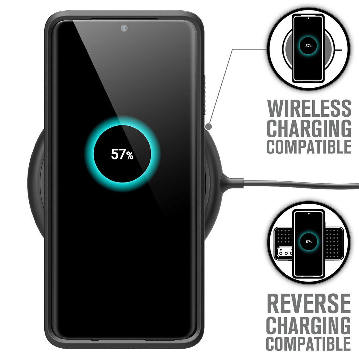 A Samsung Galaxy S20 Plus with a Catalyst Case US Impact Protection Case is charging wirelessly at 57%. Insets show clear icons and text highlighting Wireless Charging Compatibility and Samsung Impact protection for easy reference.