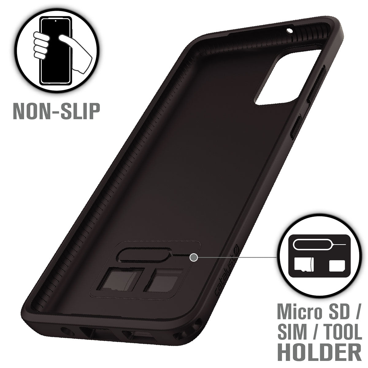 The Catalyst Case US Impact Protection Case for Samsung Galaxy S20 Plus is shown in black with button and camera cutouts. Insets highlight its non-slip grip, internal Micro SD/SIM holder, and wireless charging compatibility, each feature clearly labeled.