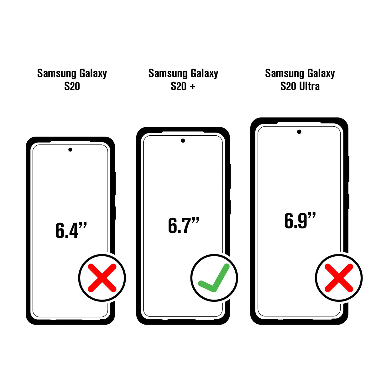 Three outlined smartphones are shown. From left to right: Galaxy S20 (red X), Galaxy S20+ with Catalyst Case US Impact Protection (green checkmark), and S20 Ultra (red X). The Galaxy S20+ is the preferred, wireless charging compatible option.