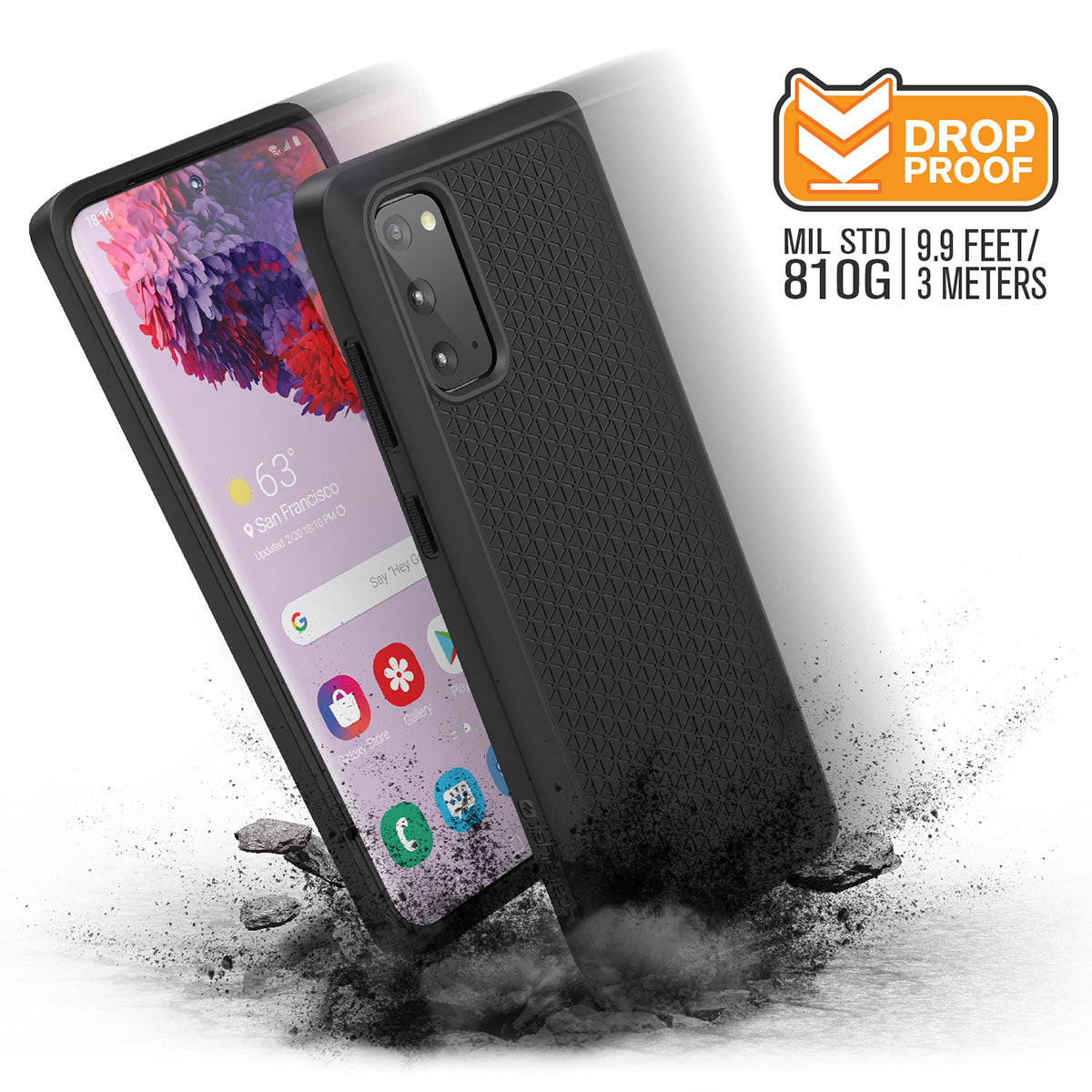 The Catalyst Case US Samsung Galaxy S20 Impact Protection Case, shown in black with a textured back, shields the phone from drops up to 9.9 feet (MIL STD 810G) as dust and debris fly. The screen shows colorful apps and the time, 9:30.