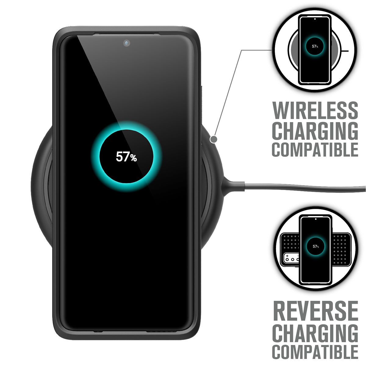 A Samsung Galaxy S20 with a Catalyst Case US Impact Protection Case rests on a wireless charging pad, showing 57% battery. Icons and labels indicate the case is “Wireless Charging Compatible” and “Reverse Charging Compatible.”.