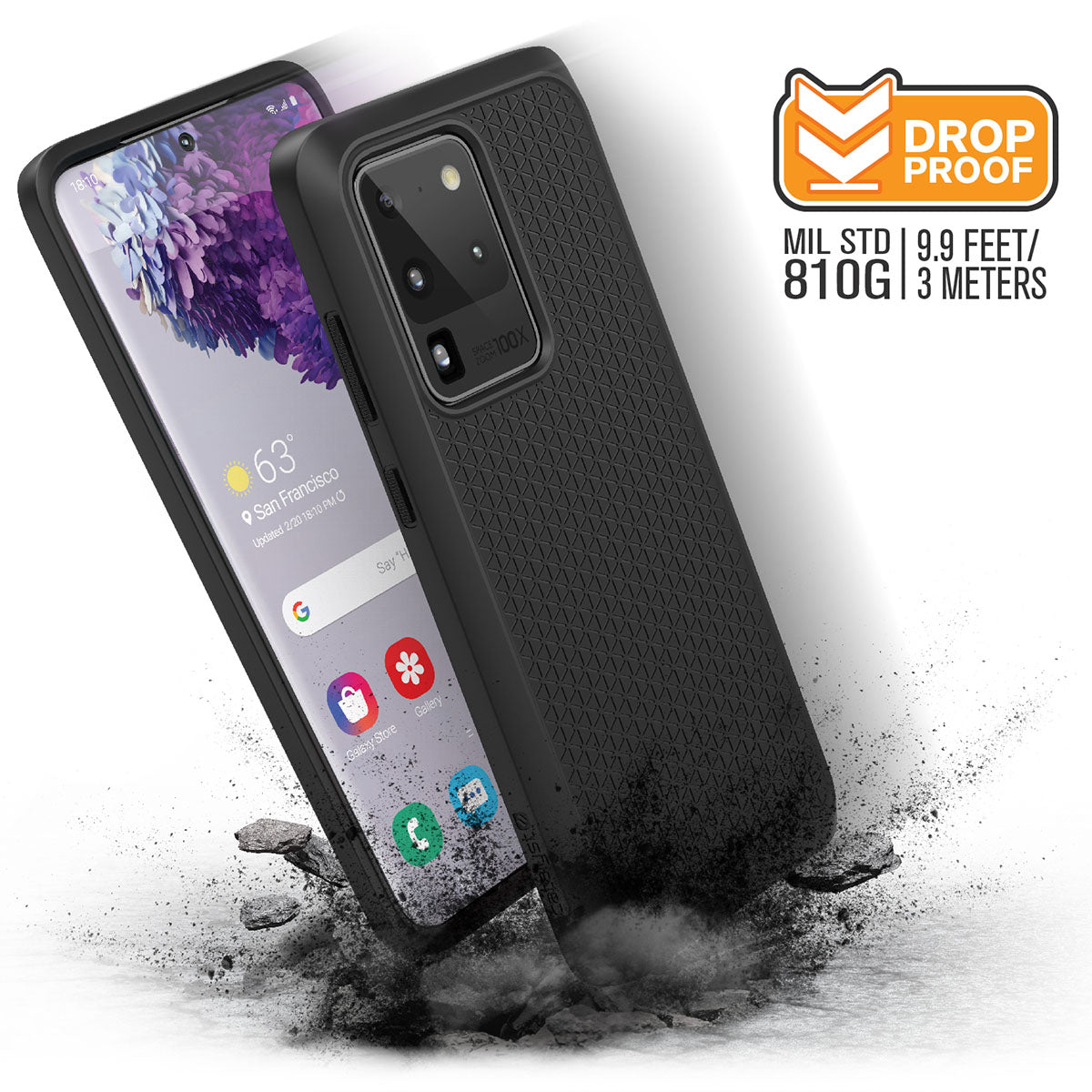 The Catalyst Case US Impact Protection Case for Samsung Galaxy S20 Ultra, shown in black texture and two angles, shields your phone from dust and drops. A badge highlights "DROP PROOF MIL STD 810G 9.9 FEET / 3 METERS" in black and orange.
