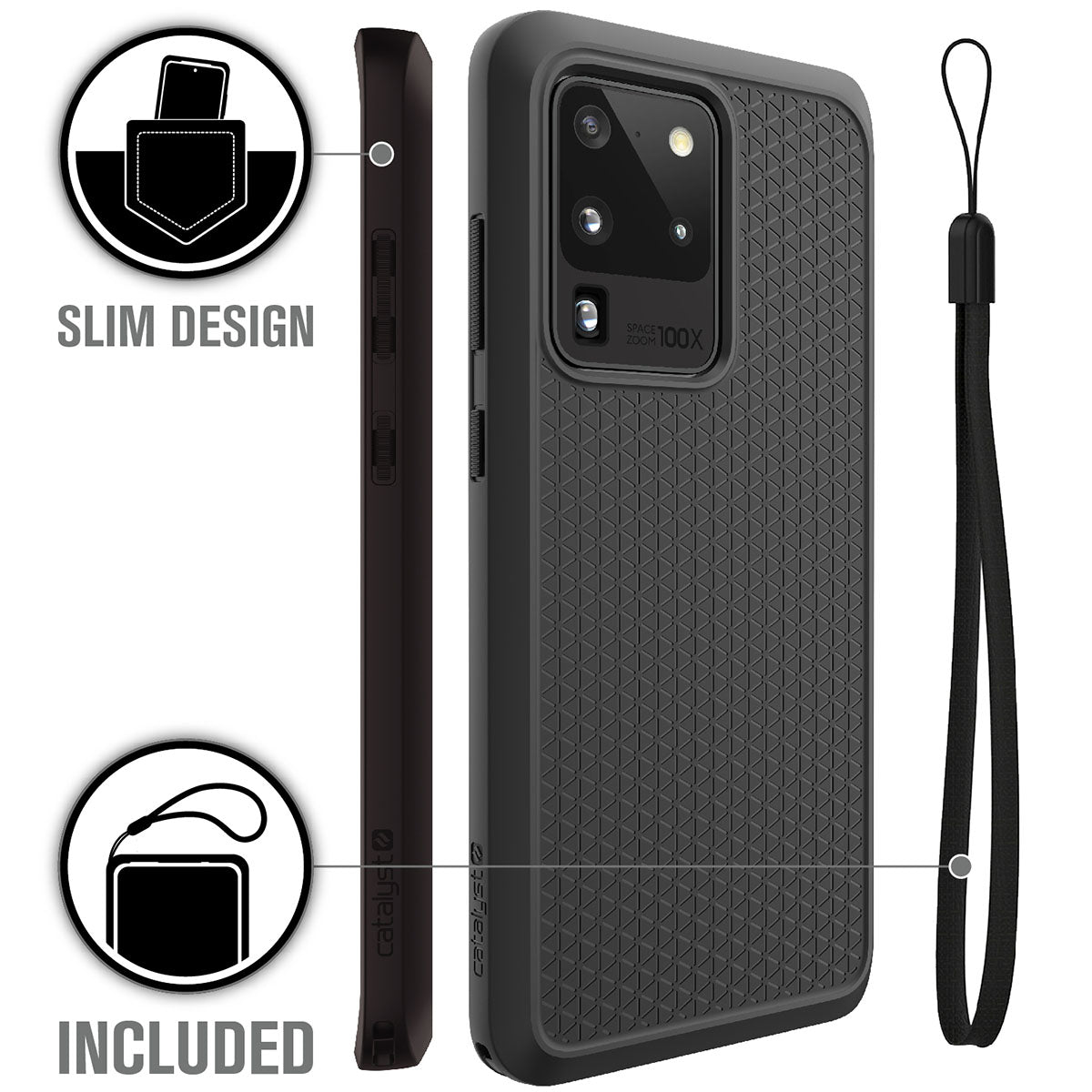 The Catalyst Case US Samsung Galaxy S20 Ultra Impact Protection Case is shown in black with a textured, slim design. A detachable wrist strap is included, emphasized by icons for slim pocket fit and the included strap. Camera lenses are visible through the case.
