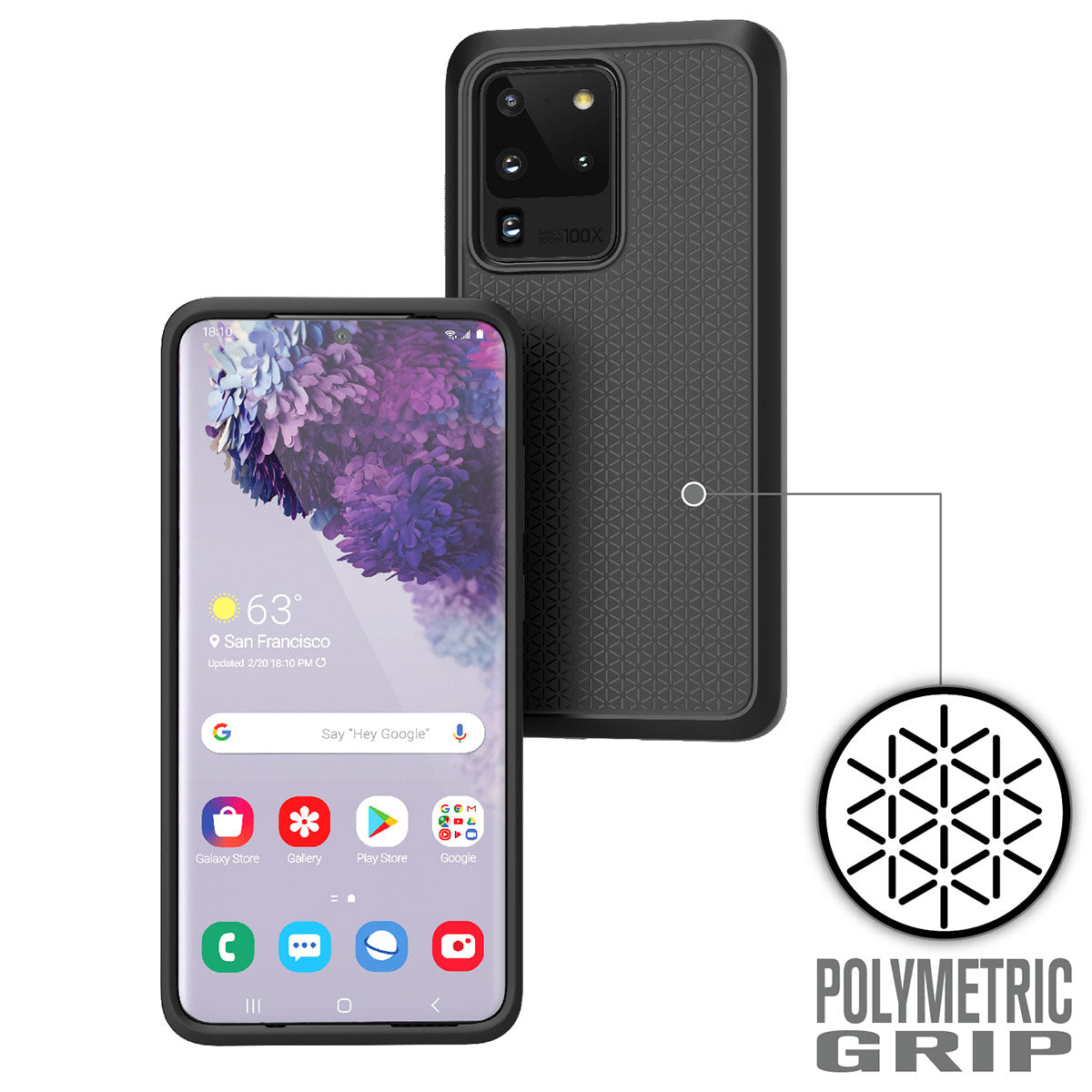 The Samsung Galaxy S20 Ultra is shown in a Catalyst Case US Impact Protection Case, featuring a black geometric polymeric grip pattern. A circular inset zooms in on the texture with the text “POLYMETRIC GRIP” at the bottom right.