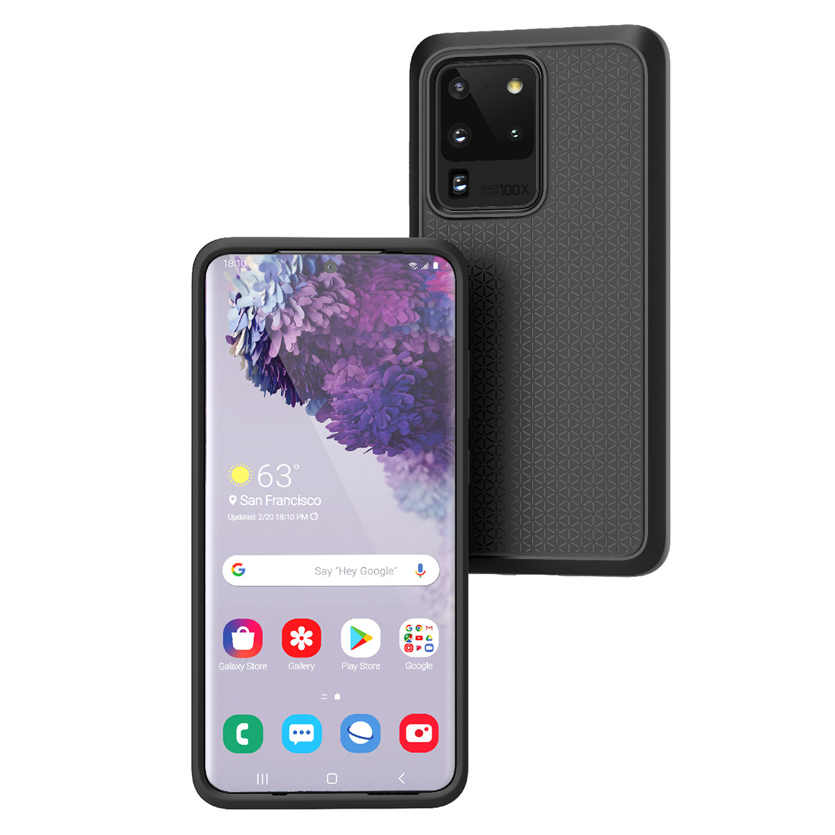 Two Samsung Galaxy S20 Ultra phones with Catalyst Case US Impact Protection Case in Stealth Black are shown: one displays a vibrant home screen with San Francisco weather; the other reveals the textured black case and "100X" rear camera module.