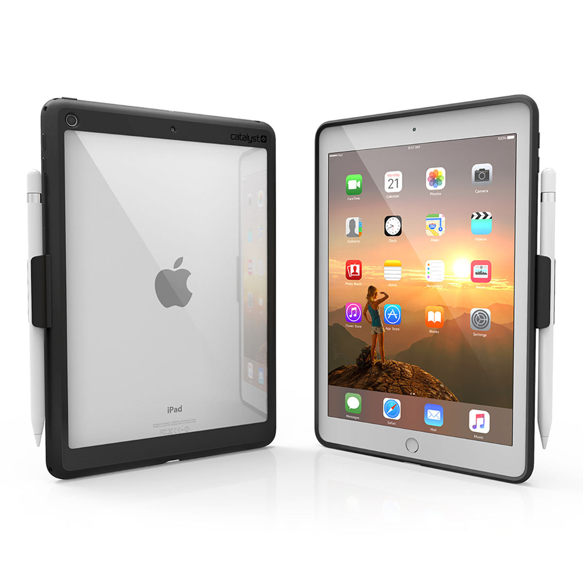 Two iPads (Gen 6/5), 9.7", in Catalyst Case US Impact Protection Cases (Stealth Black) are shownâ€â€Âone displays the Apple logo, the other the home screenâ€â€Âwith attached white styluses. Both cases provide drop protection.
