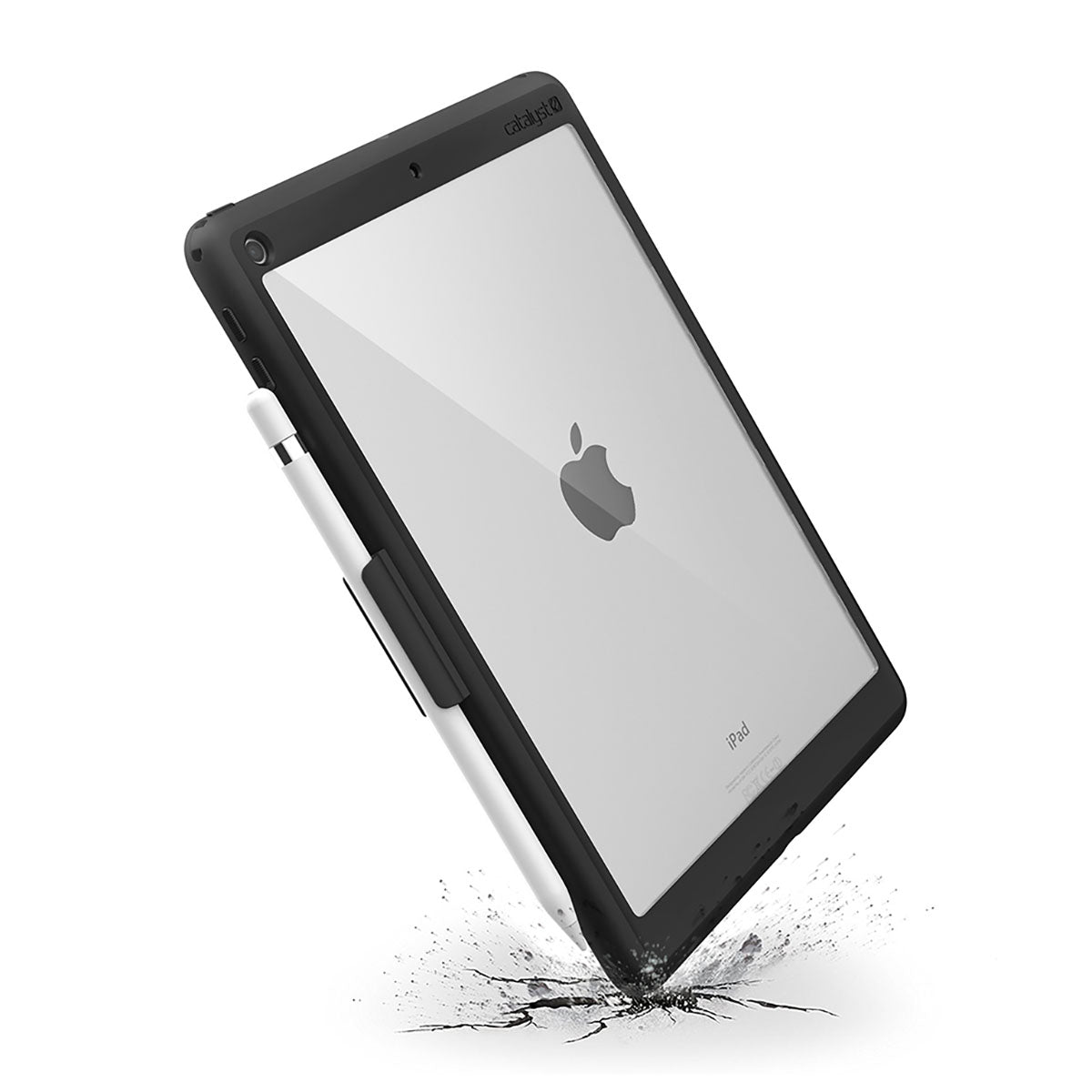 An iPad (Gen 6/5), 9.7" in a black Catalyst Case US Impact Protection Case with an Apple Pencil attached appears to bounce off a cracked surface, showing its drop protection. The Apple logo is visible against a clean white background.