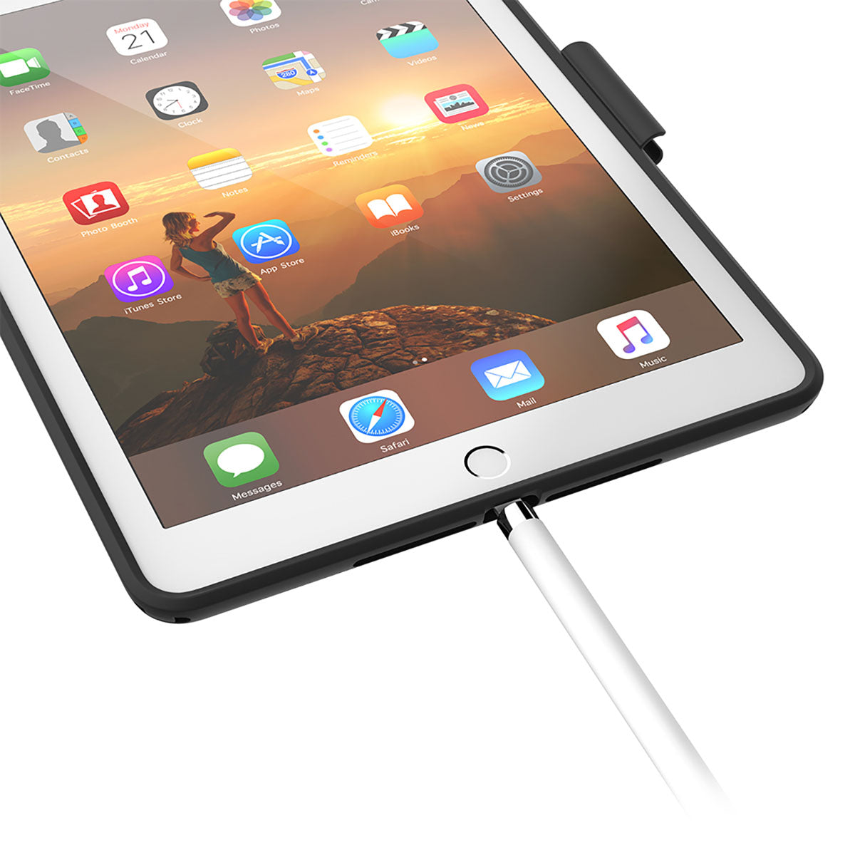 A close-up of an iPad (Gen 6/5), 9.7" in a Catalyst Case US Impact Protection Case shows app icons and a mountain wallpaper. An Apple Pencil is plugged in, and the home button is visible for easy access.