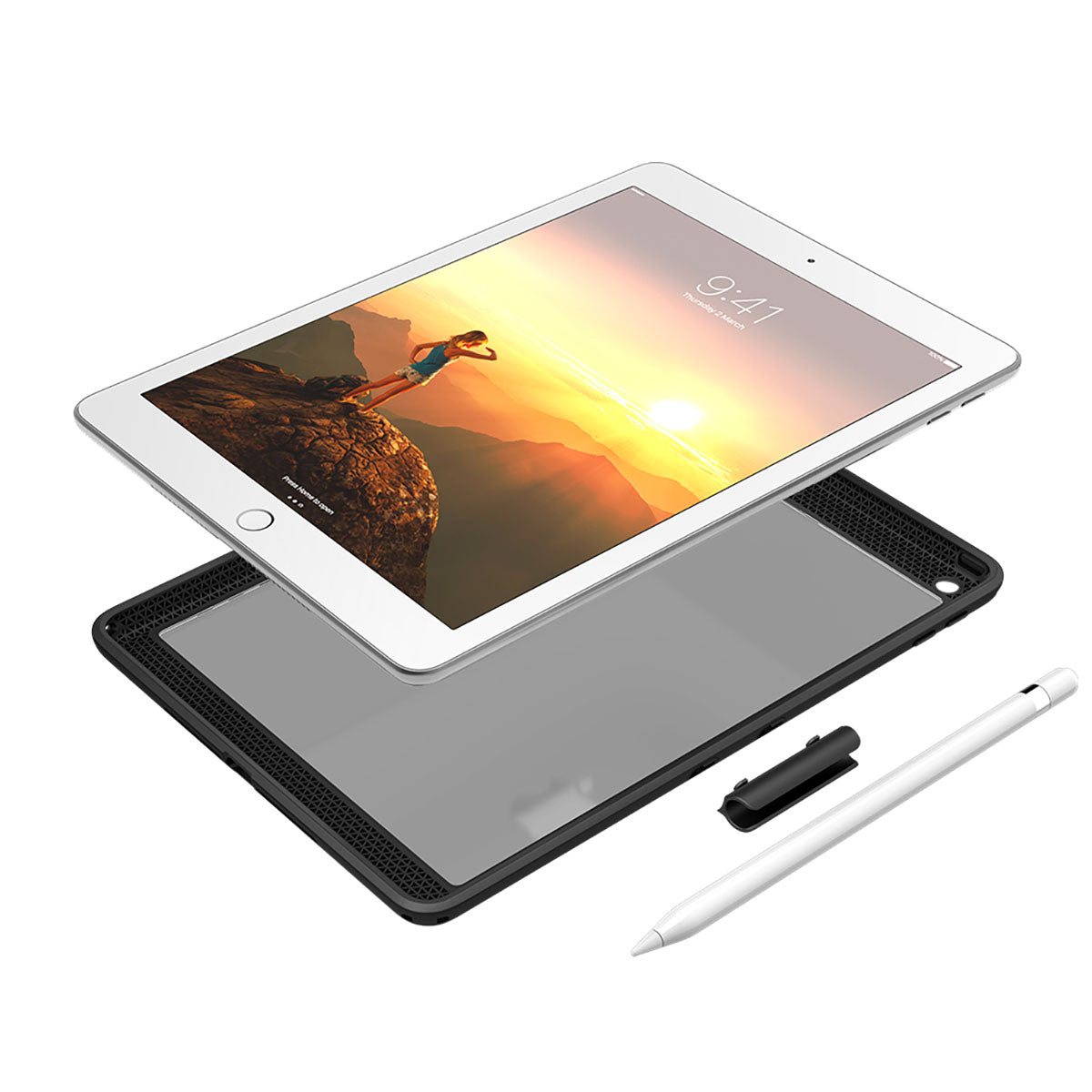 A white iPad (Gen 6/5), 9.7", displays a sunset scene above the black Catalyst Case US Impact Protection Case, with a white stylus and small black clip arranged on a plain white background for optimal drop protection.