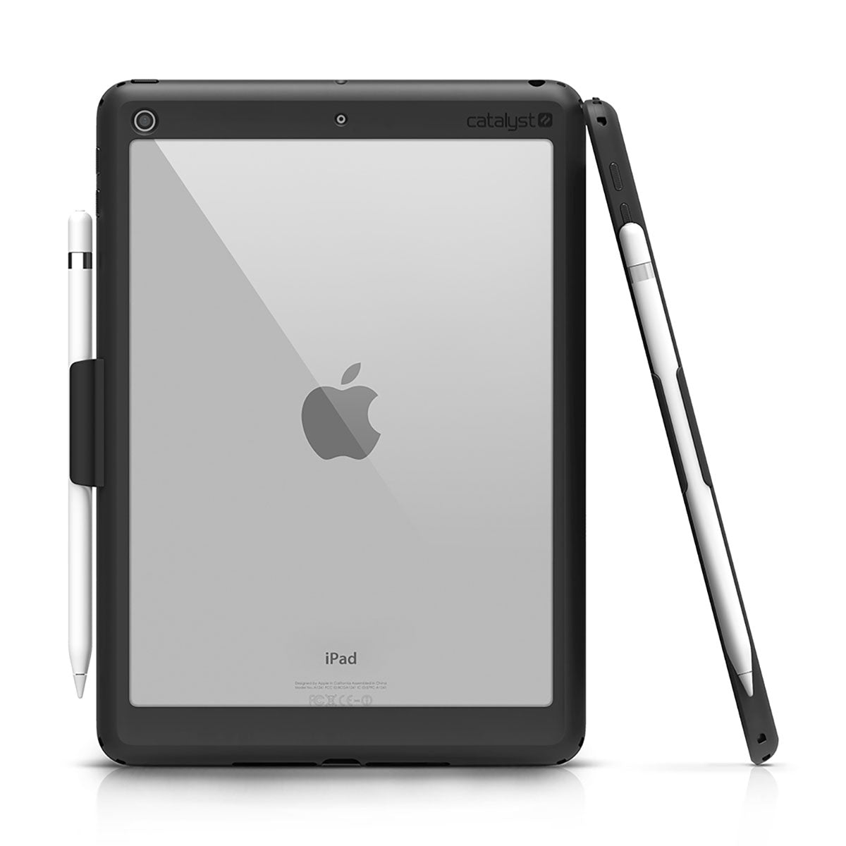 A Catalyst Case US Impact Protection Case is shown on a 9.7" iPad (Gen 6/5) in silver, with an Apple Pencil attached. The black case features rounded edges, drop protection, and a clear back revealing the Apple logo.