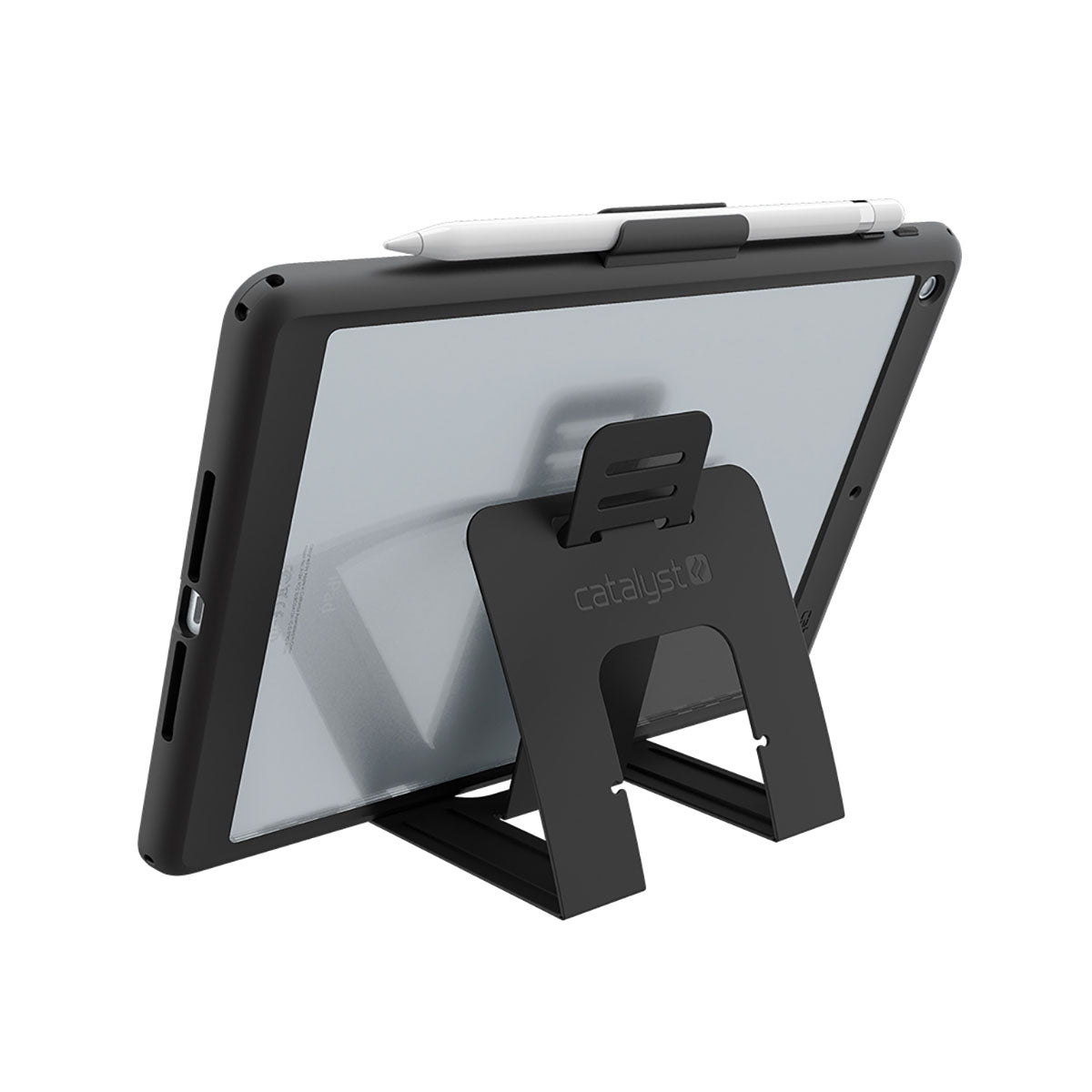 A black tablet stand holds an iPad (Gen 6/5) 9.7" in landscape, secured by a Catalyst Case US Impact Protection Case. A white stylus sits on top, with the plain white background emphasizing the case’s protective design and style.