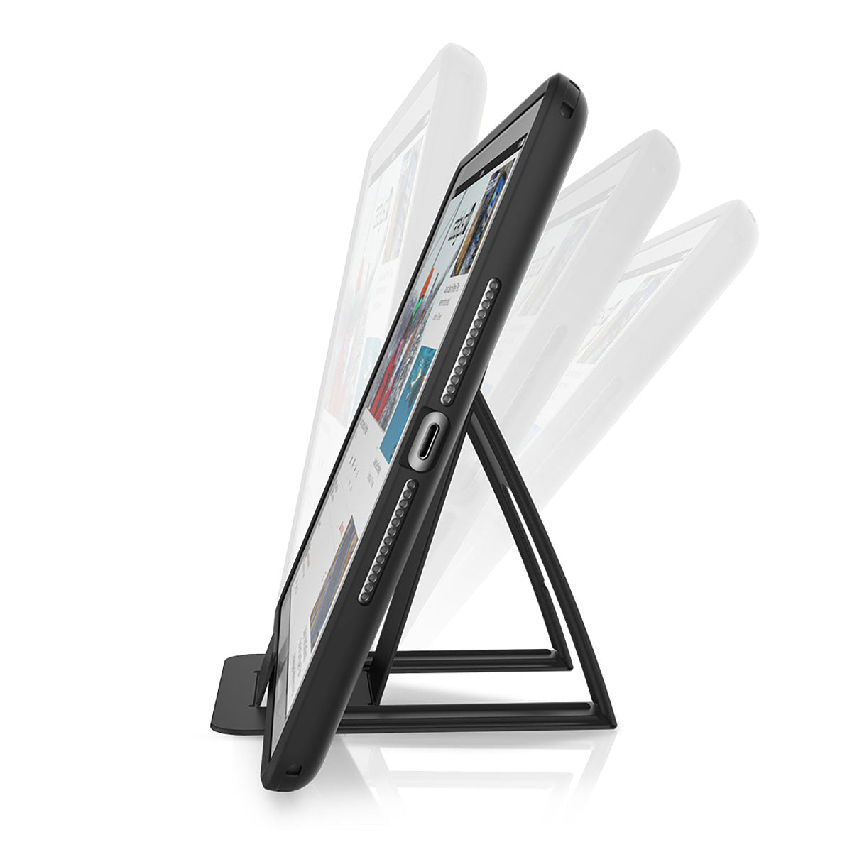 An iPad (Gen 6/5), 9.7" in a black Catalyst Case US Impact Protection Case is shown on a triangular, adjustable stand with three viewing angles, highlighting robust drop protection against a white background.