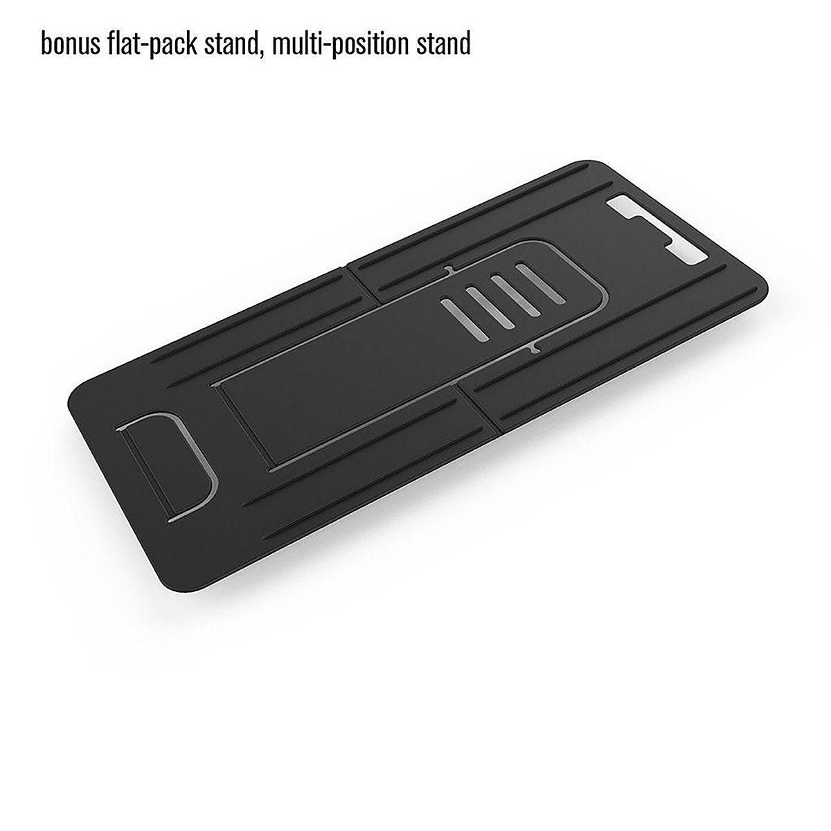 A slim, rectangular black stand with multiple grooves offers adjustable angles and pairs perfectly with the Catalyst Case US iPad (Gen 6/5), 9.7" - Impact Protection Case for versatile viewing and reliable drop protection.