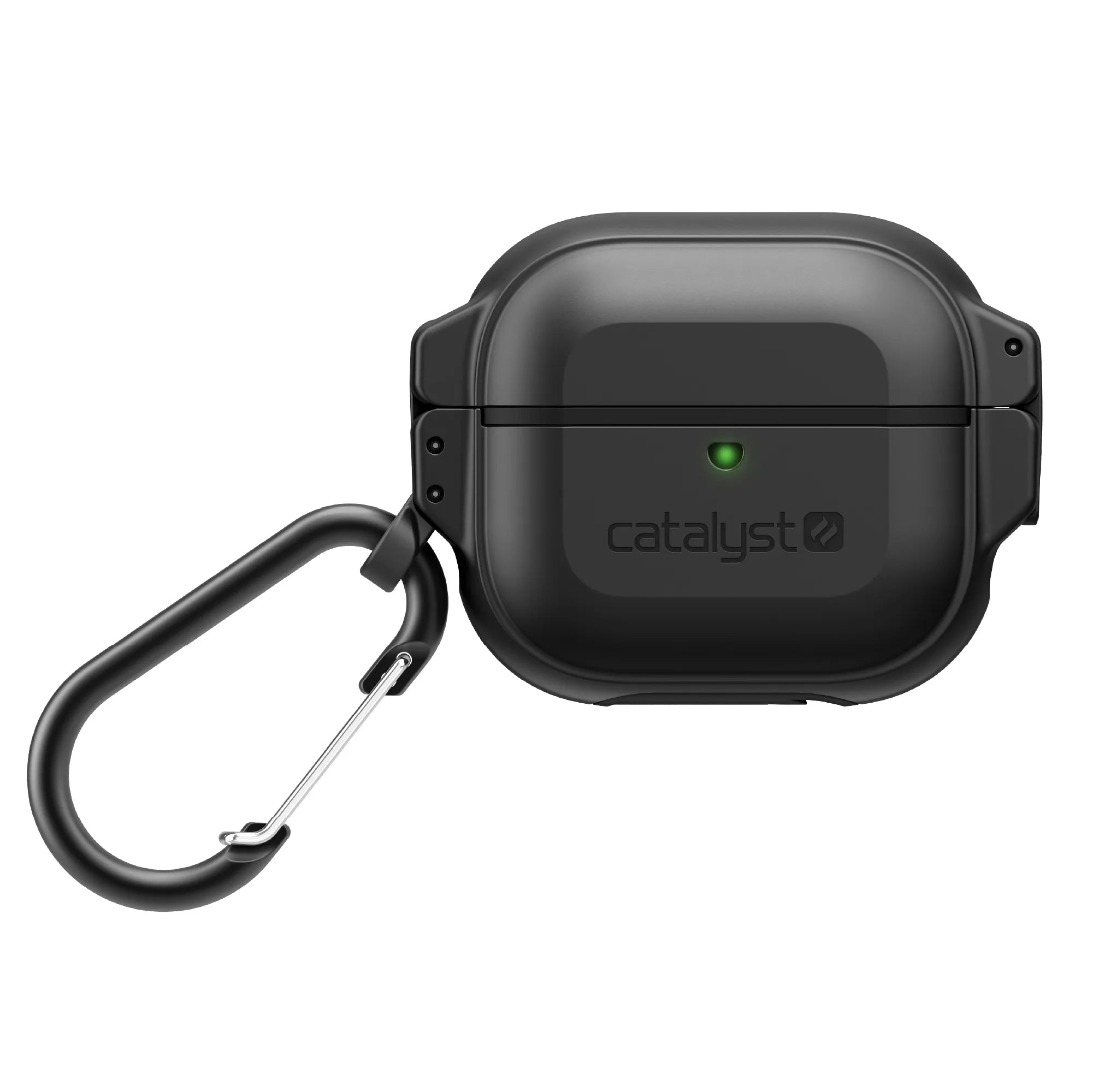 The Catalyst Case US AirPods (Gen 3) 330ft Waterproof Total Protection Case features a green indicator light on the front and includes a black carabiner clip for secure, easy-to-identify wireless earbud protection.