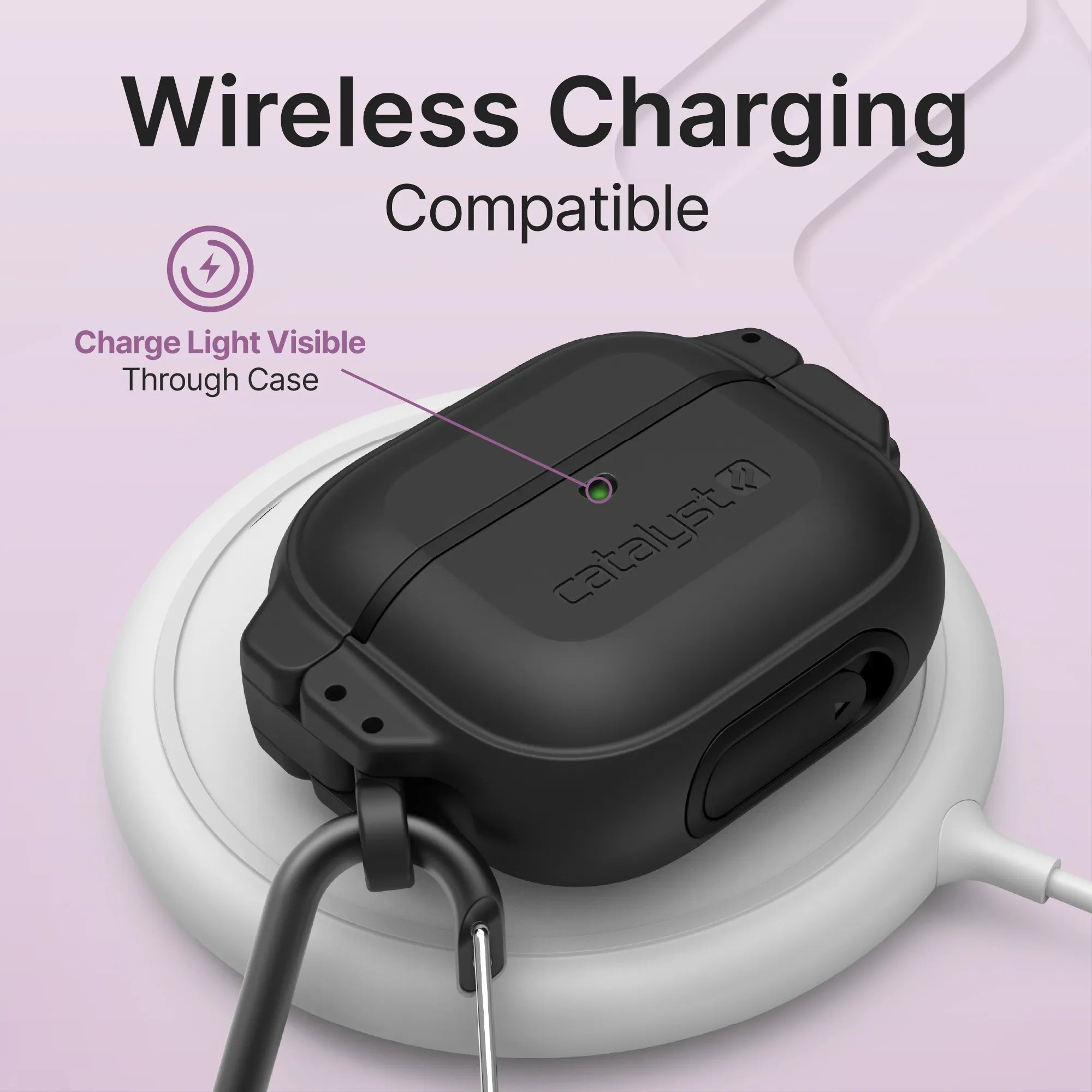 The Catalyst Case US AirPods (Gen 3) - 330ft Waterproof Total Protection Case + Carabiner sits on a white wireless charger, showing off its charging compatibility. A purple arrow highlights the visible charge light through the case.