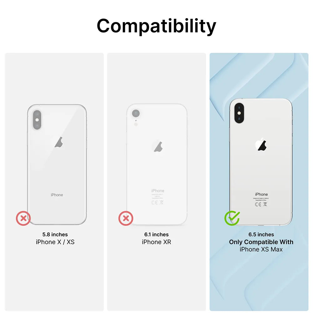Under "Compatibility," only the iPhone XS Max (6.5") shows a green check, while iPhone X/XS (5.8") and XR (6.1") have red Xs—indicating the Catalyst Case US iPhone XS Max Waterproof Case fits only the iPhone XS Max.