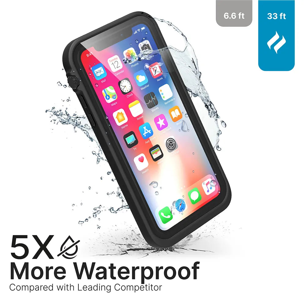 An iPhone Xs Max in a Catalyst Case US waterproof case is splashed by water. Text: “5X More Waterproof vs Leading Competitor.” Icons show 33 ft water resistance vs 6.6 ft for others. App icons are displayed on the phone’s screen.