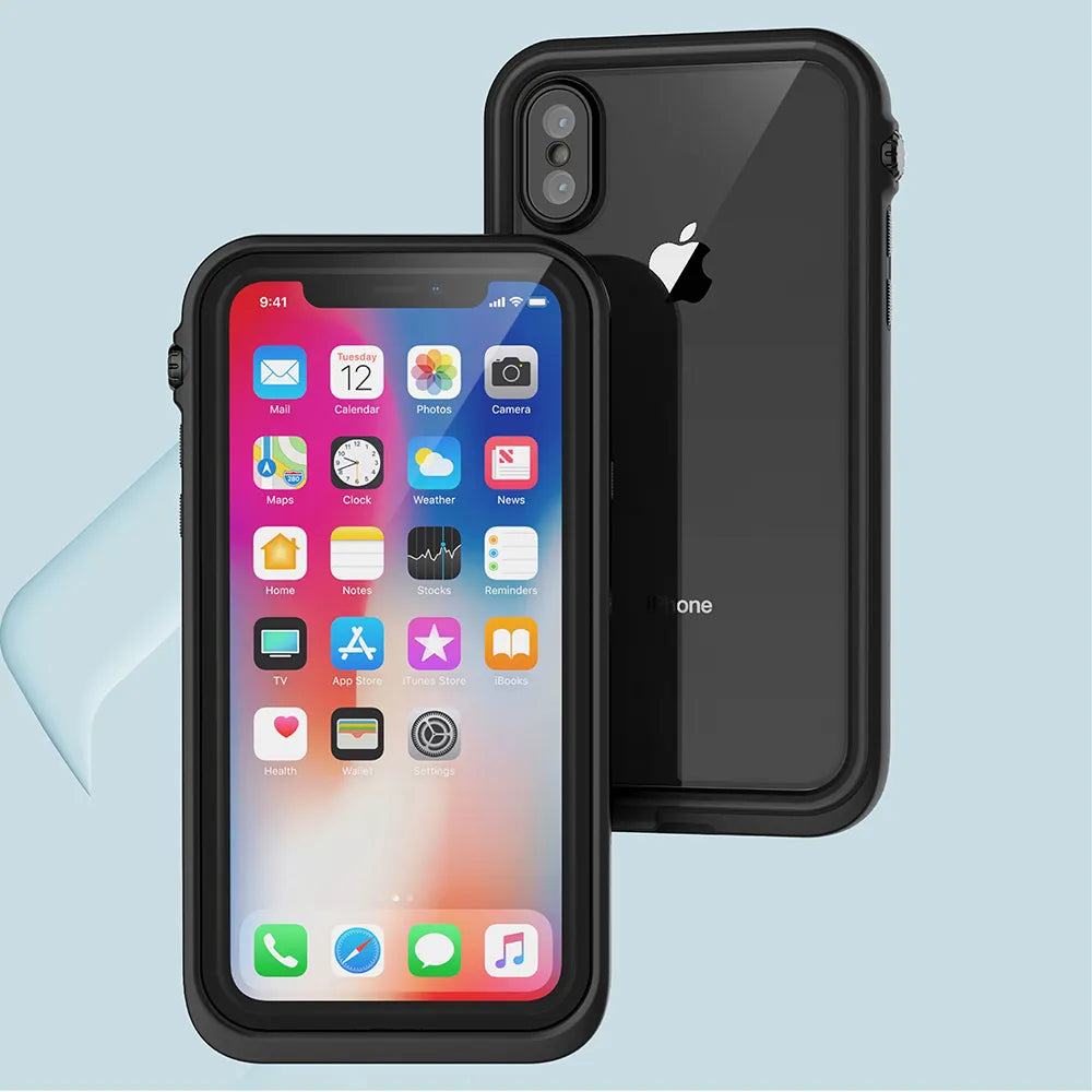 Two iPhone Xs Max devices in Catalyst Case US waterproof black cases are shown on a light blue background—one displays the home screen, the other shows the Apple logo and dual cameras. A clear screen protector floats nearby.