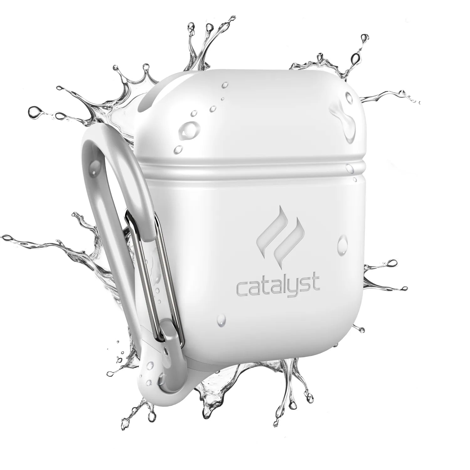 The white Catalyst Case US AirPods (Gen 2/1) Waterproof Case + Carabiner is shown on a white background with water splashes, showcasing its water-resistant protection. The Catalyst logo is visible, but no product description appears on the packaging.