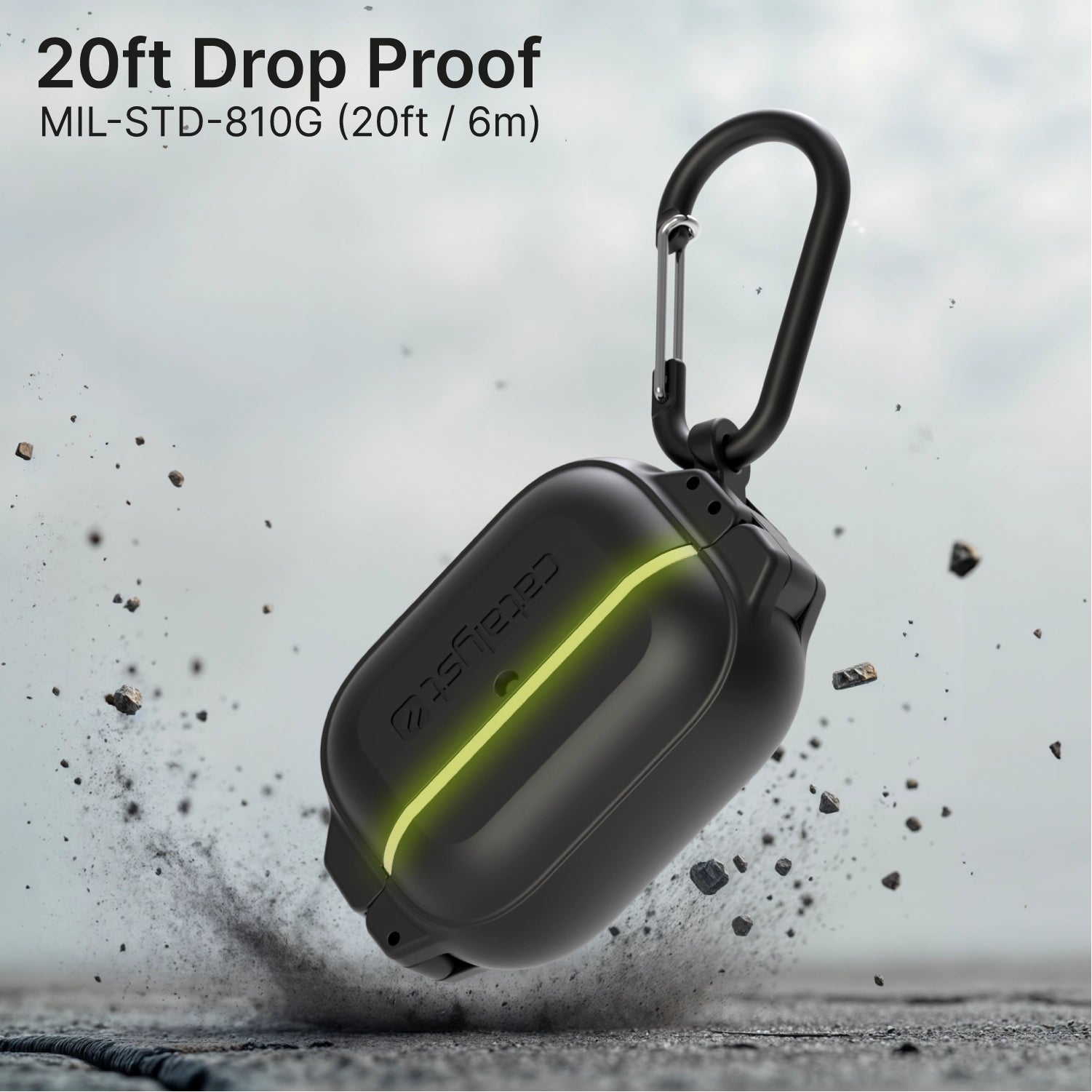 A Catalyst Case US AirPods Pro (Gen 2/1) 100M Waterproof Total Protection Case with neon green stripe and black carabiner is shown midair with debris. “20ft Drop Proof MIL-STD-810G (20ft/6m)” highlights its extreme durability.