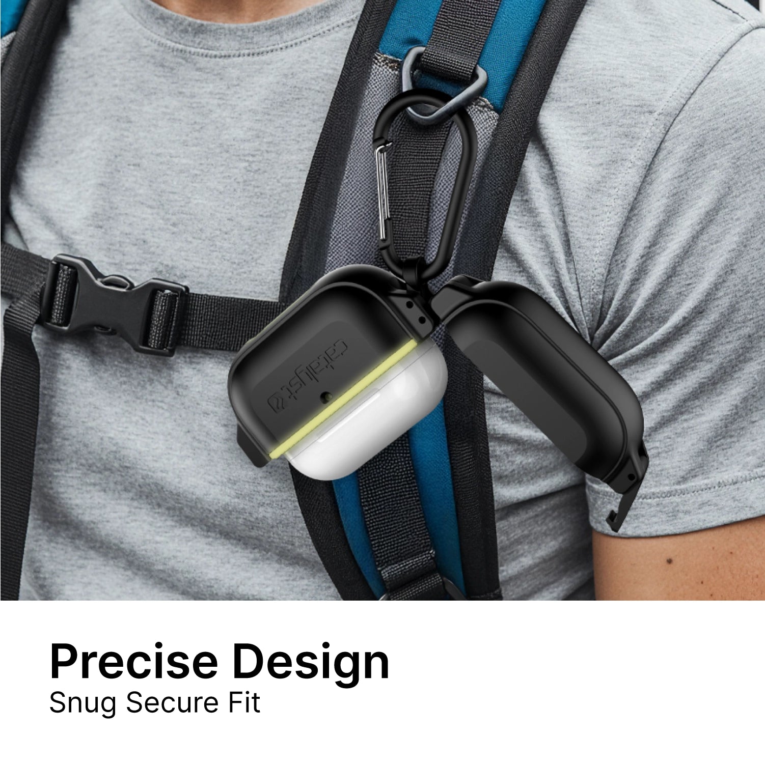 A close-up of a person in a grey shirt and blue backpack with the Catalyst Case US AirPods Pro (Gen 2/1) 100M Waterproof Total Protection Case + Carabiner attached to the strap. The open case reveals the AirPods. Text: "Precise Design, Snug Secure Fit.
