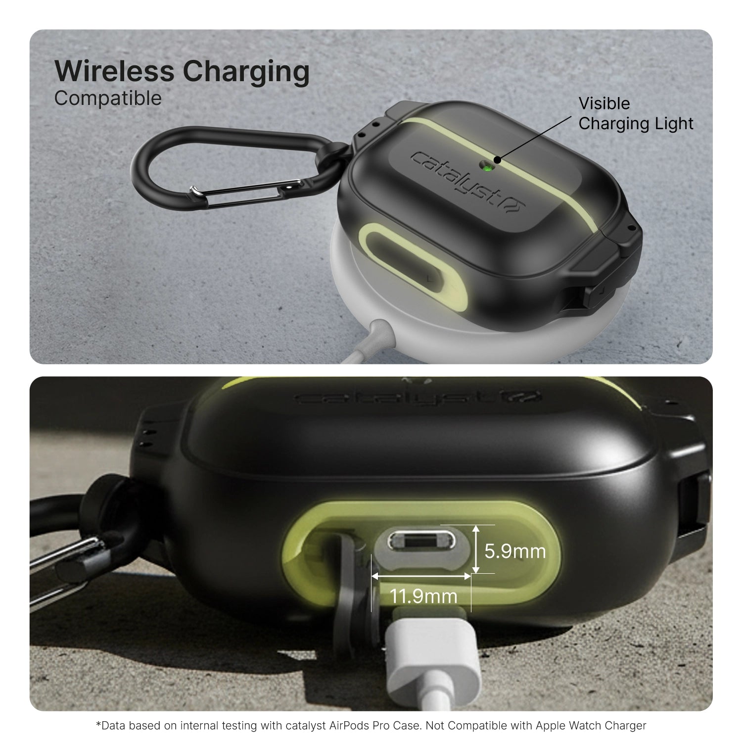 The Catalyst Case US AirPods Pro (Gen 2/1) 100M Waterproof Total Protection Case + Carabiner in black with neon green lining is shown, featuring wireless charging and a 5.9mm x 11.9mm charging port with cable attached.