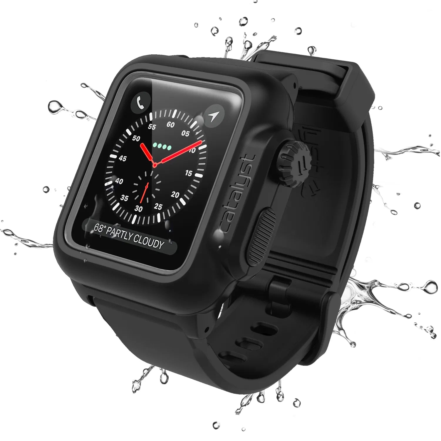 The Catalyst Case US 42mm ÃƒÂ¢Ã¢â€šÂ¬Ã¢â‚¬Å“ 100M Waterproof Case + Band for Apple Watch Series 3/2 is shown in black with water splashes, displaying an analog clock, weather (68Ãƒâ€šÃ‚Â°F PARTLY CLOUDY), and icons against a clean white background.
