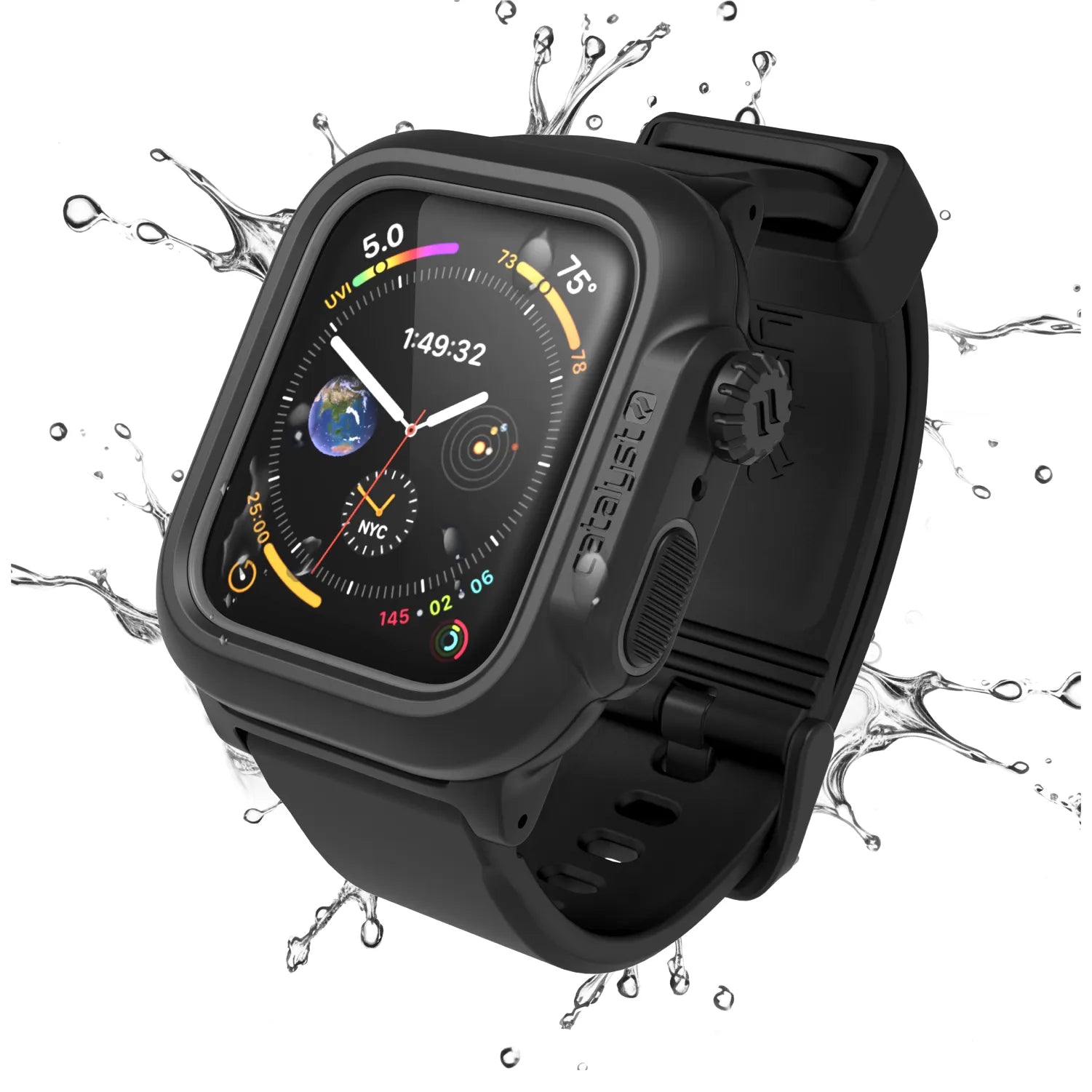 The Catalyst Case US 44mm 100M Waterproof Case + Band for Apple Watch Series 6/5/4/SE (Gen 2/1) features a rugged black design, vibrant display, silicone band, side buttons, and splash-proof performance for time, activity, and weather tracking.