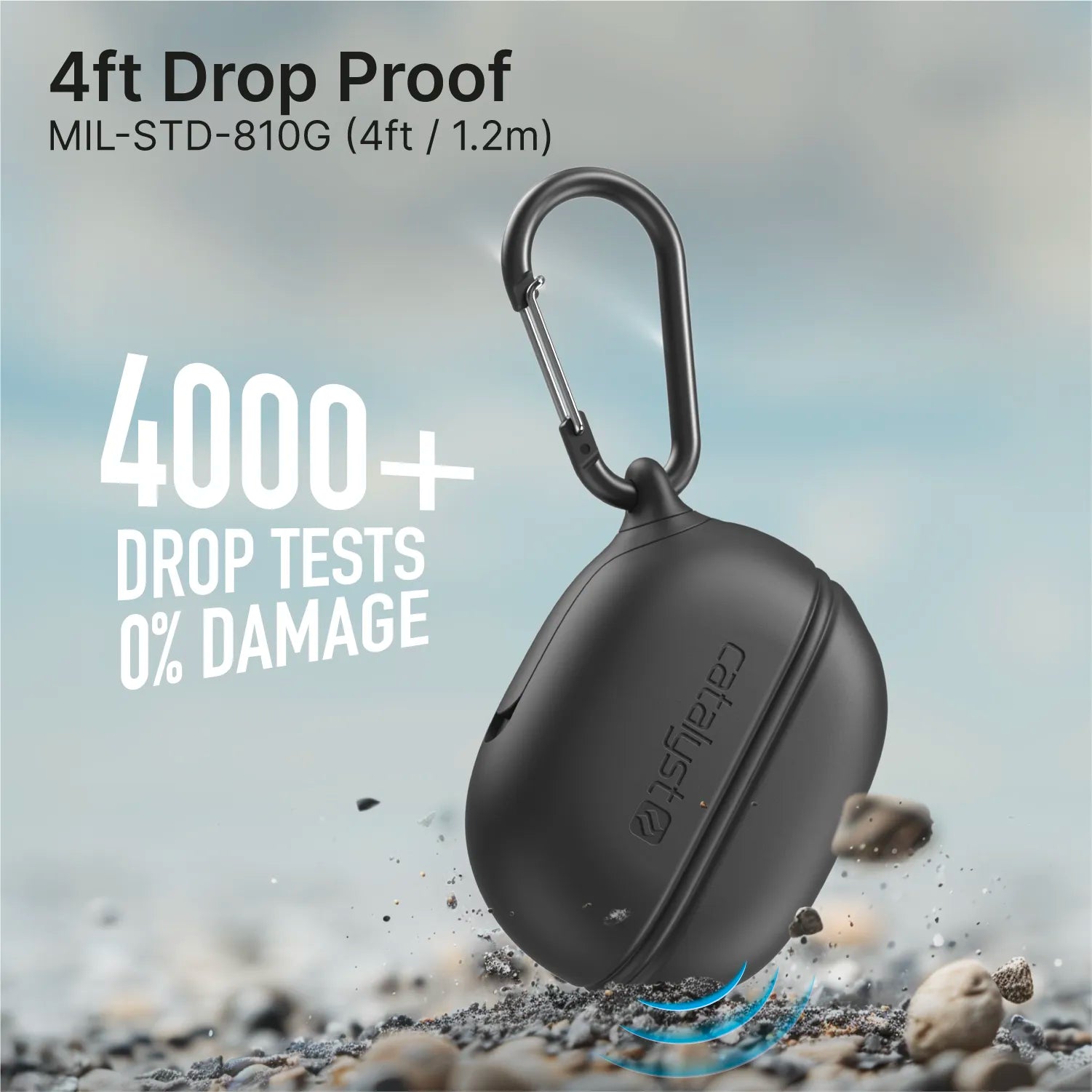 The Catalyst Case US Waterproof Case + Carabiner for Beats Studio Buds / Buds Plus, shown falling onto rocks, features "4ft Drop Proof MIL-STD-810G, 4000+ Drop Tests 0% Damage," with the Catalyst logo displayed above stones.