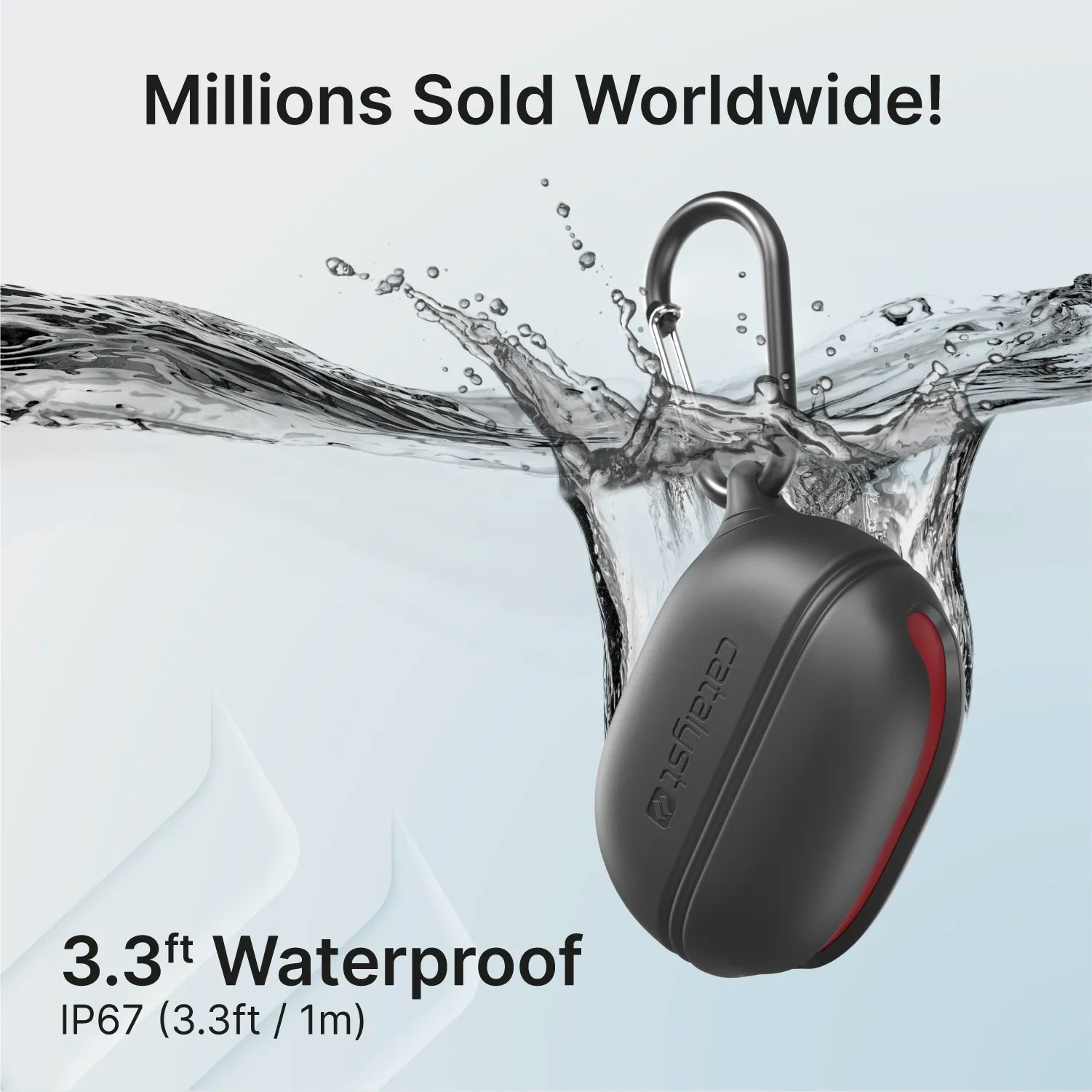A black, oval Catalyst Case US silicone case for Beats Studio Buds/Plus with carabiner is shown splashed with water. Text reads, "Millions Sold Worldwide!" and "3.3 ft Waterproof, IP67." Light background with flowing water.