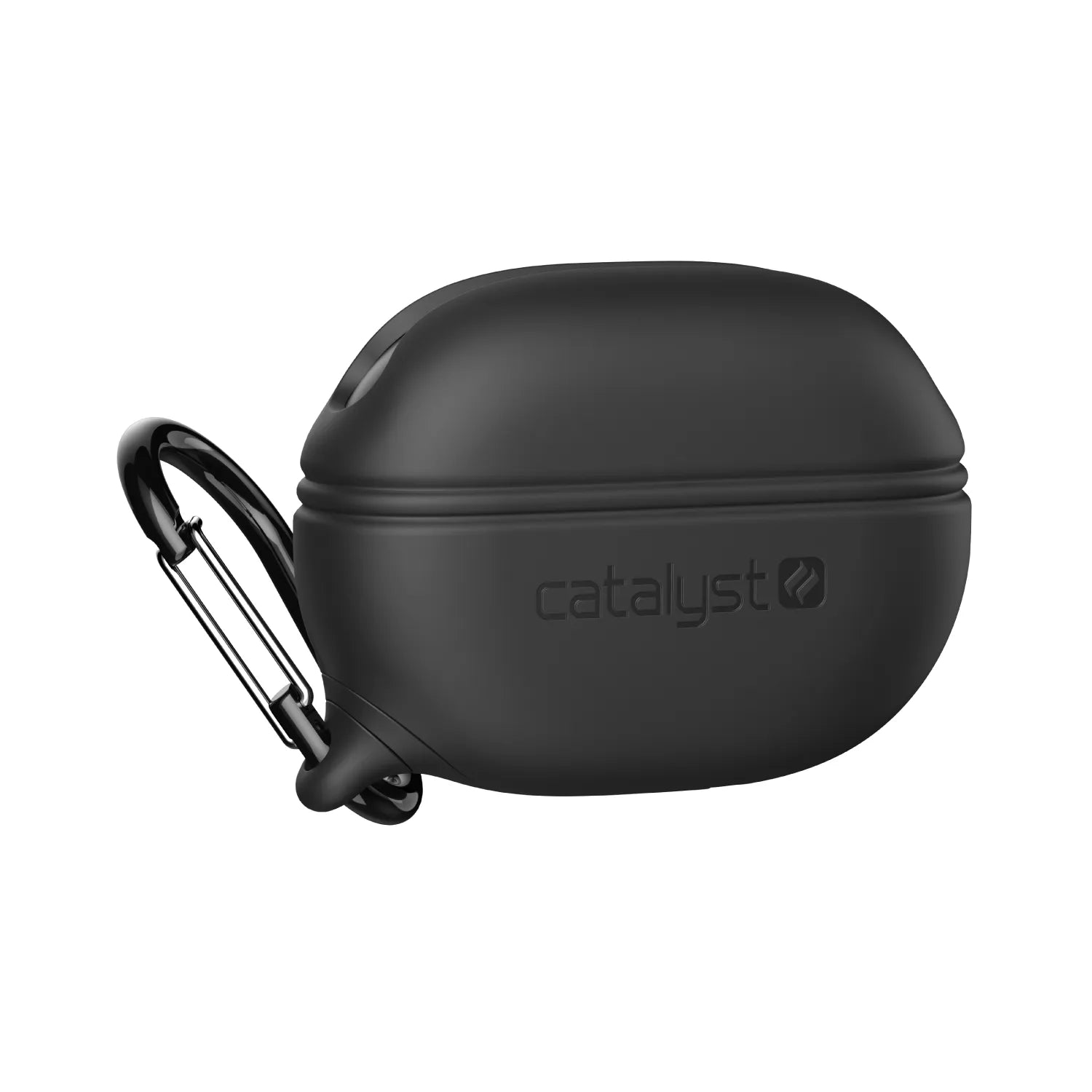 The Catalyst Case US Waterproof Case + Carabiner for Beats Studio Buds/Beats Studio Buds Plus offers MIL-STD-810G drop protection. The black silicone case features a sturdy metal clip on the left, ideal for carrying. Background is plain white.