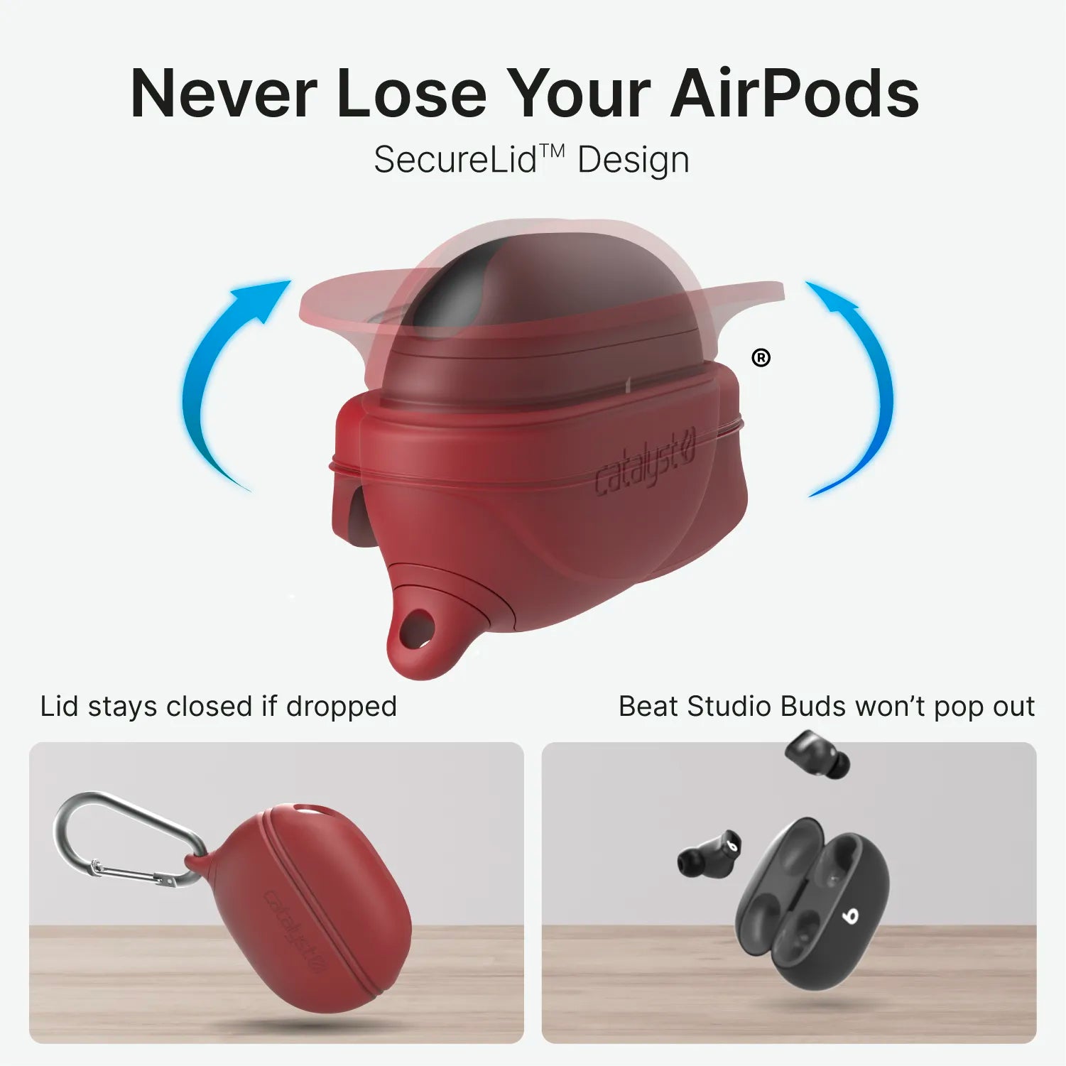 The Catalyst Case US Waterproof Case + Carabiner for Beats Studio Buds / Studio Buds Plus is shown in red with a SecureLid design. Insets highlight secure storage so Buds won’t fall out, even if dropped, and the closed case with carabiner attached.