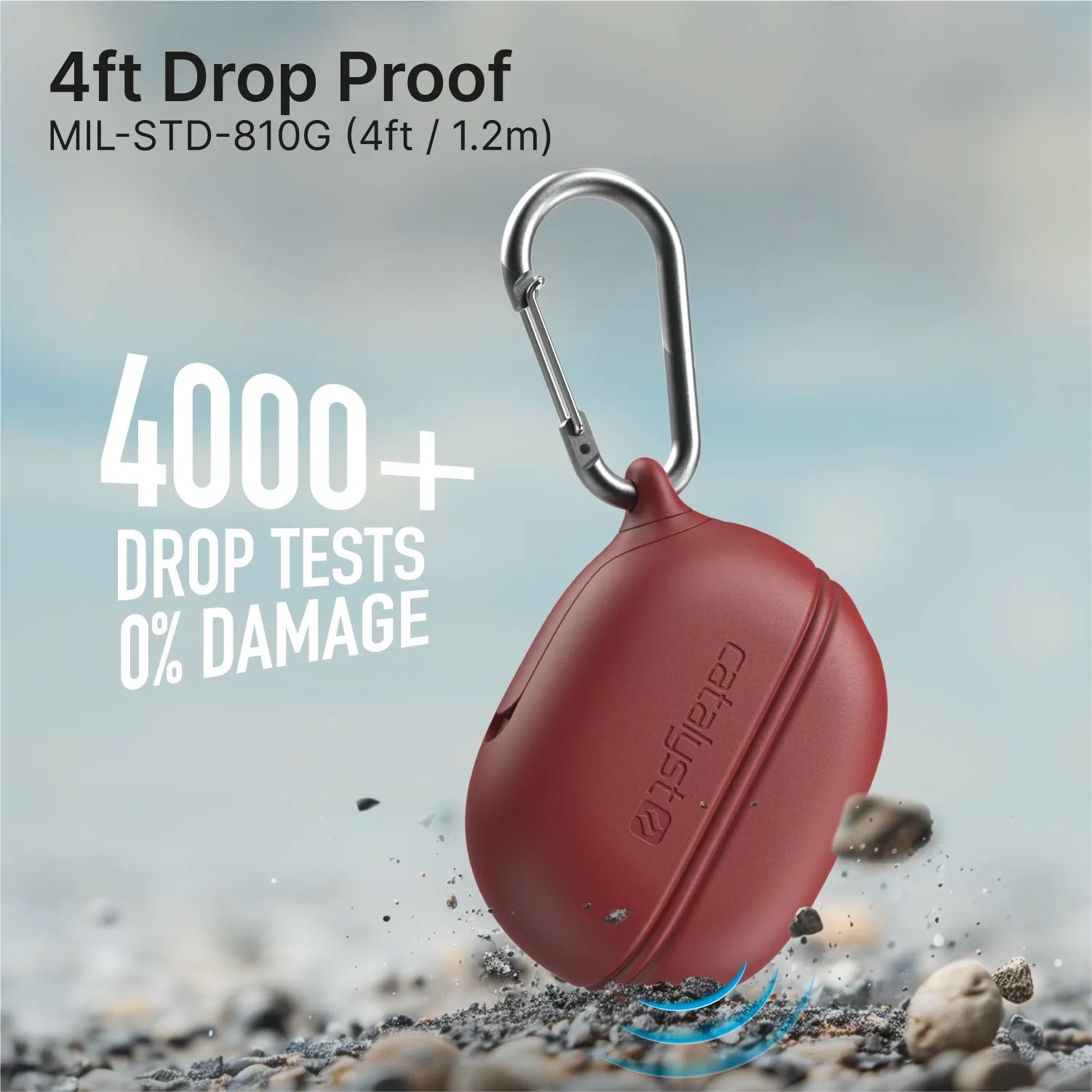 A red Catalyst Case US Waterproof Case + Carabiner for Beats Studio Buds/Beats Studio Buds Plus is shown bouncing, highlighting "4ft Drop Proof," "MIL-STD-810G," "4000+ Drop Tests," and "0% Damage" durability.