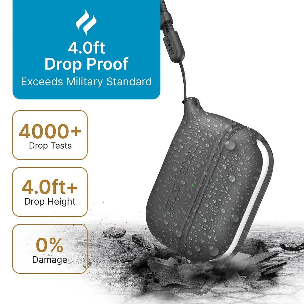 A Catalyst Case US AirPods Pro (Gen 2/1) waterproof case with lanyard is shown wet, attached to a cable. Text highlights its 4.0ft drop-proof protection, 4000+ drop tests with 0% damage, and exceeds military standards.