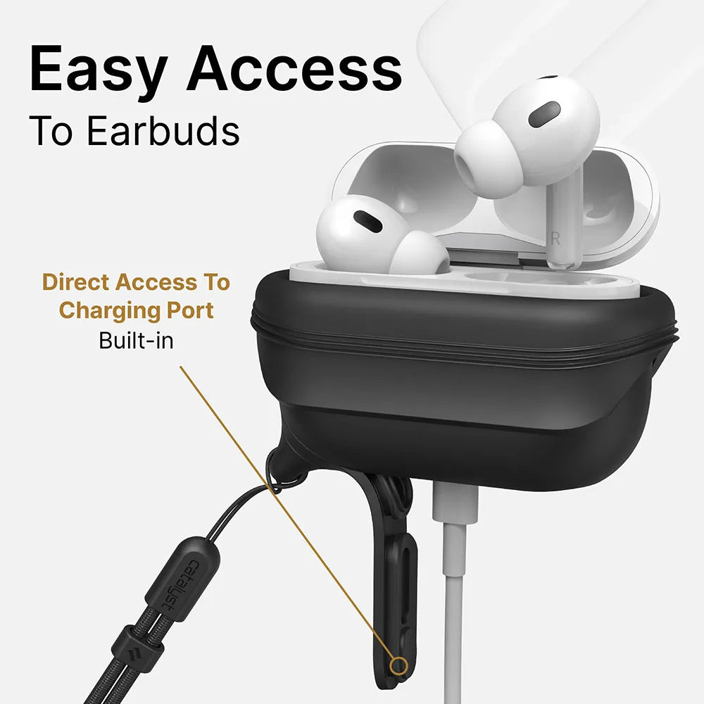The Catalyst Case US Waterproof Case + Lanyard for AirPods Pro (Gen 2/1) features easy access to earbuds, a direct charging port, and comes with a lanyard. The white charging case sits inside a black protective case with a cable plugged in below.